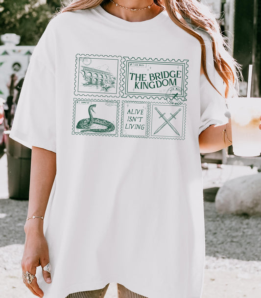 The Bridge Kingdom Ithicana Stamp Postcard Tee * Subtle Bookish Danielle L Jensen Lara Aren Alive Isn't Living Romantasy Reader Gift Idea