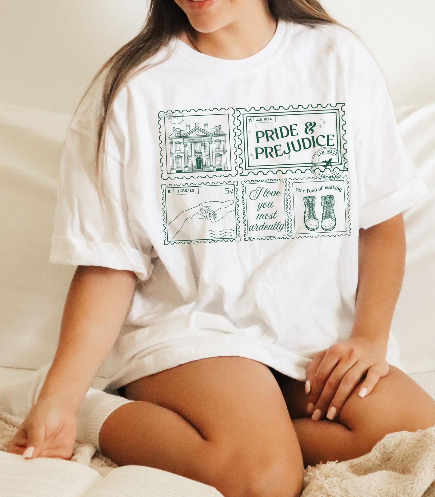 Pride & Prejudice Pemberley Bookish Stamp Postcard Tee * Bookworm Gift Jane Austen Mr Darcy Hand Flex Fond of Walking Lizzie Regency Romance
