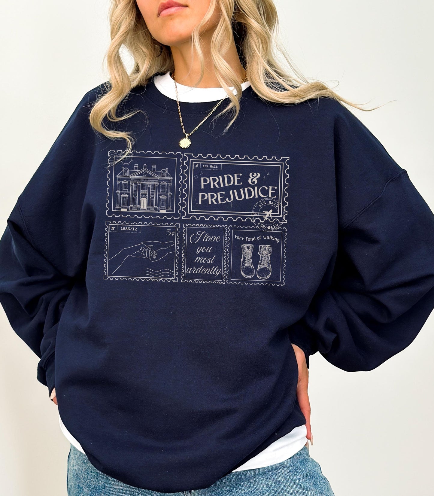 Pride & Prejudice Pemberley Bookish Stamp Postcard Sweatshirt Bookworm Jane Austen Mr Darcy Hand Flex Fond of Walking Lizzie Regency Romance