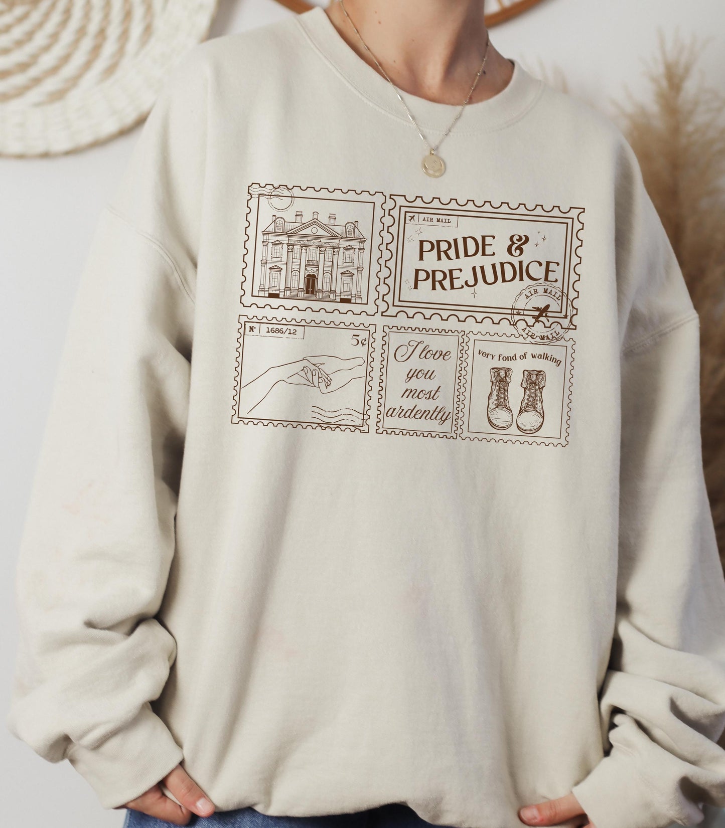 Pride & Prejudice Pemberley Bookish Stamp Postcard Sweatshirt Bookworm Jane Austen Mr Darcy Hand Flex Fond of Walking Lizzie Regency Romance