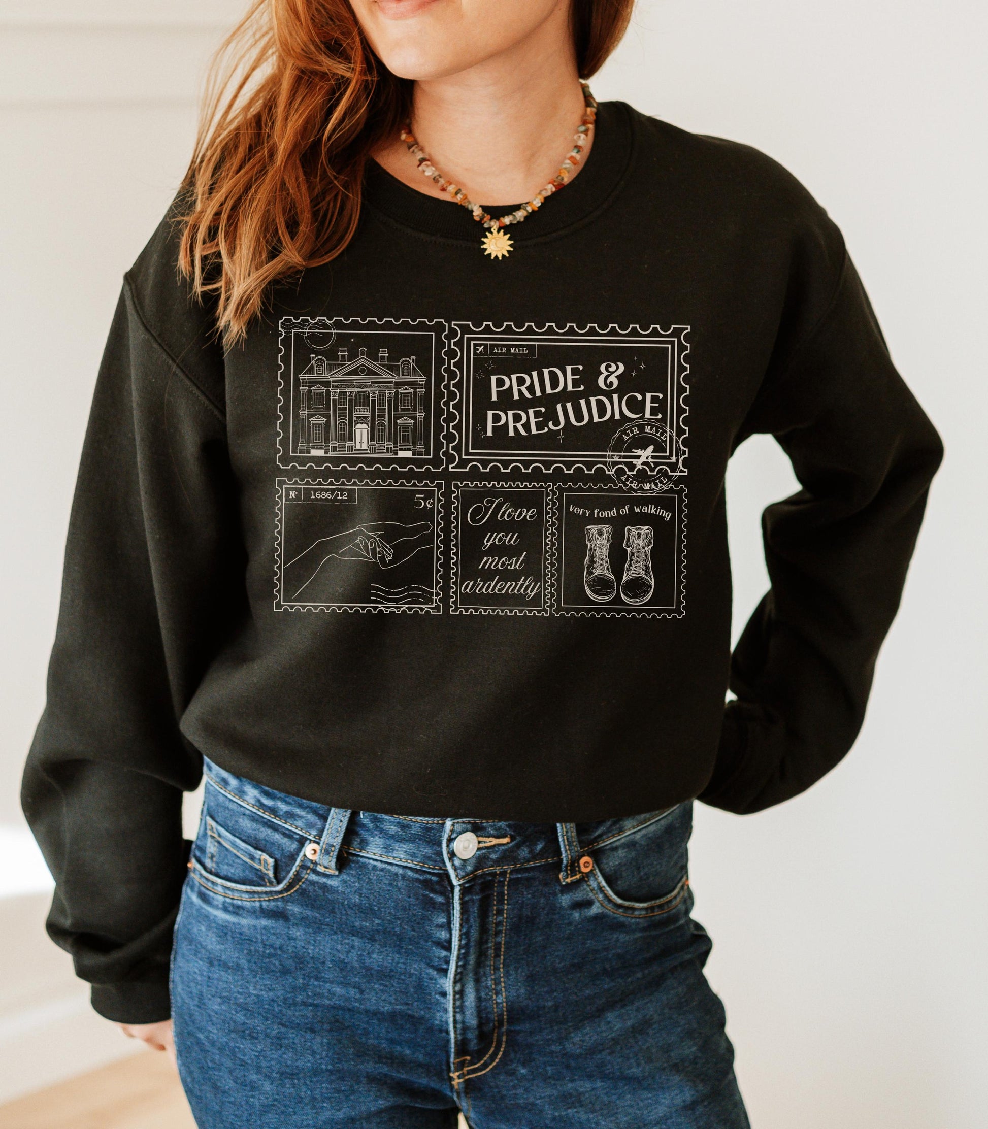 Pride & Prejudice Pemberley Bookish Stamp Postcard Sweatshirt Bookworm Jane Austen Mr Darcy Hand Flex Fond of Walking Lizzie Regency Romance