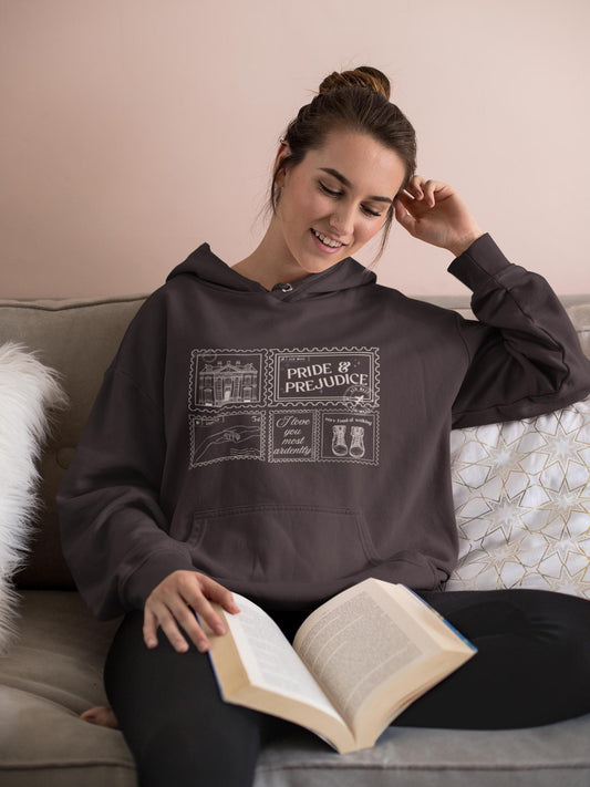 Pride & Prejudice Pemberley Bookish Stamp Postcard Hoodie 20th Anniversary Jane Austen Mr Darcy Hand Flex Fond of Walking Regency Romance