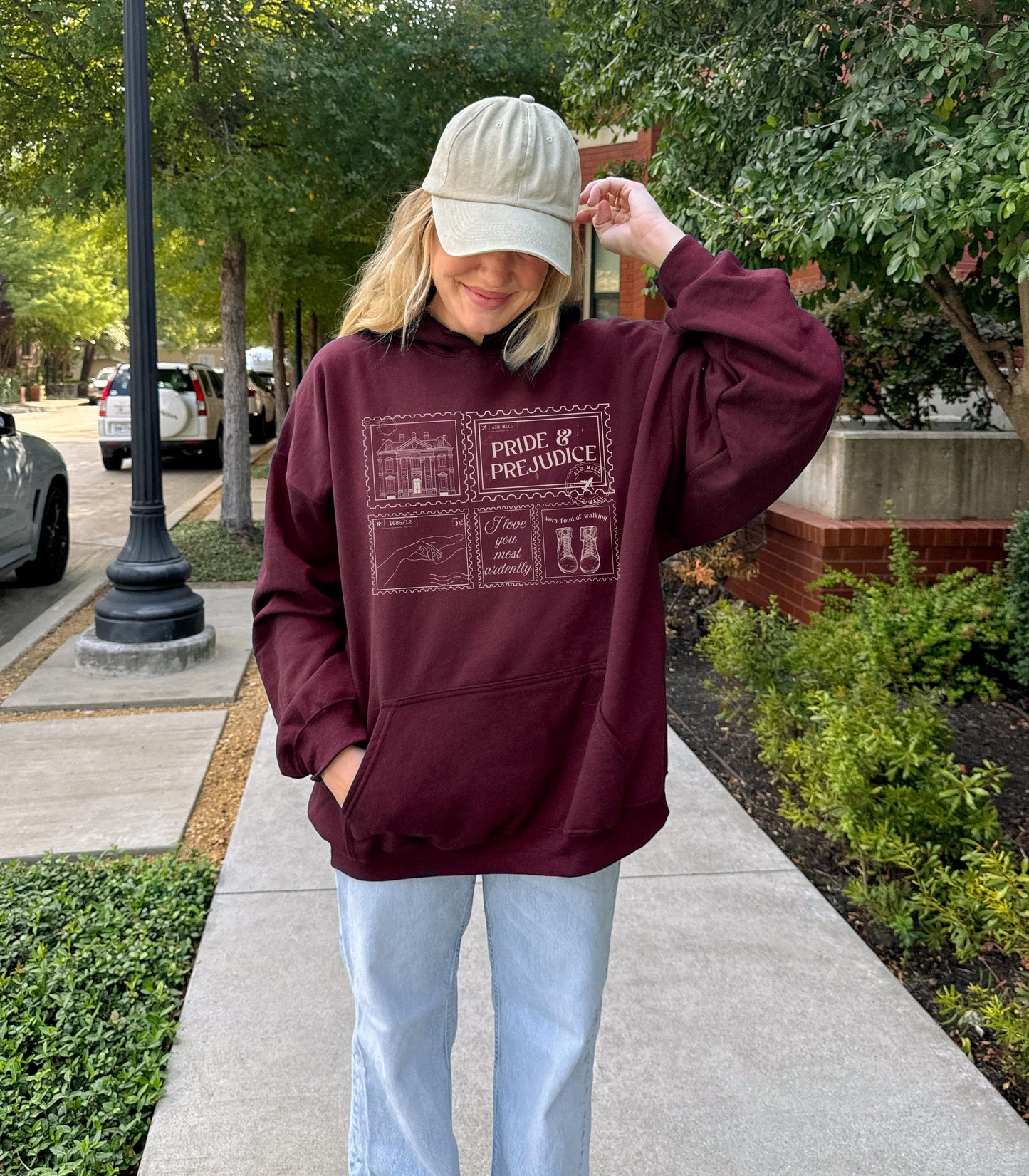 Pride & Prejudice Pemberley Bookish Stamp Postcard Hoodie 20th Anniversary Jane Austen Mr Darcy Hand Flex Fond of Walking Regency Romance