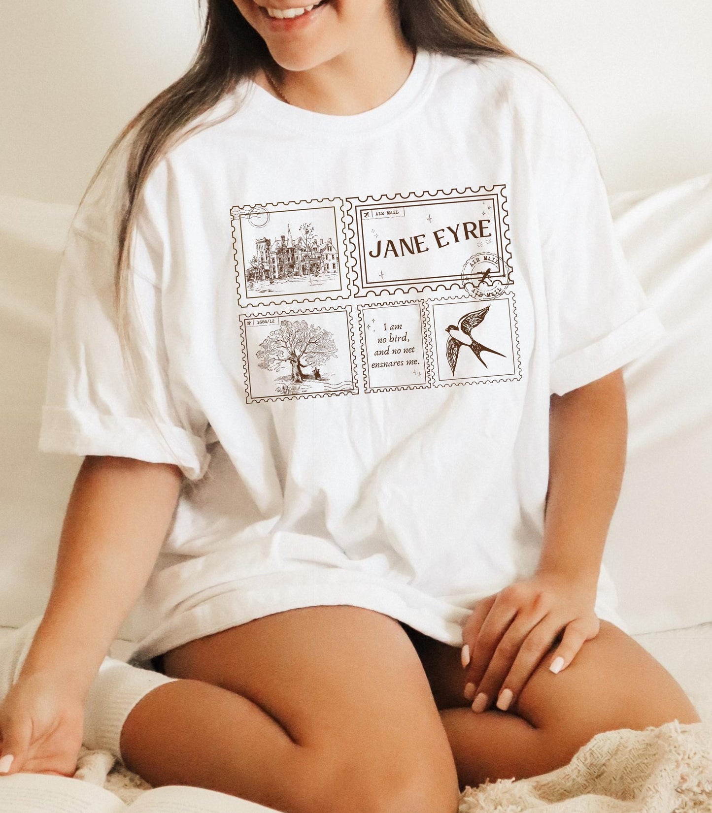 Jane Eyre Stamp Postcard Tee * Subtle Bookish Aesthetic Dark Academia Gothic Literature Lover Gift for Readers I am no bird Charlotte Bronte