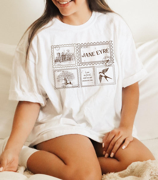 Jane Eyre Stamp Postcard Tee * Subtle Bookish Aesthetic Dark Academia Gothic Literature Lover Gift for Readers I am no bird Charlotte Bronte
