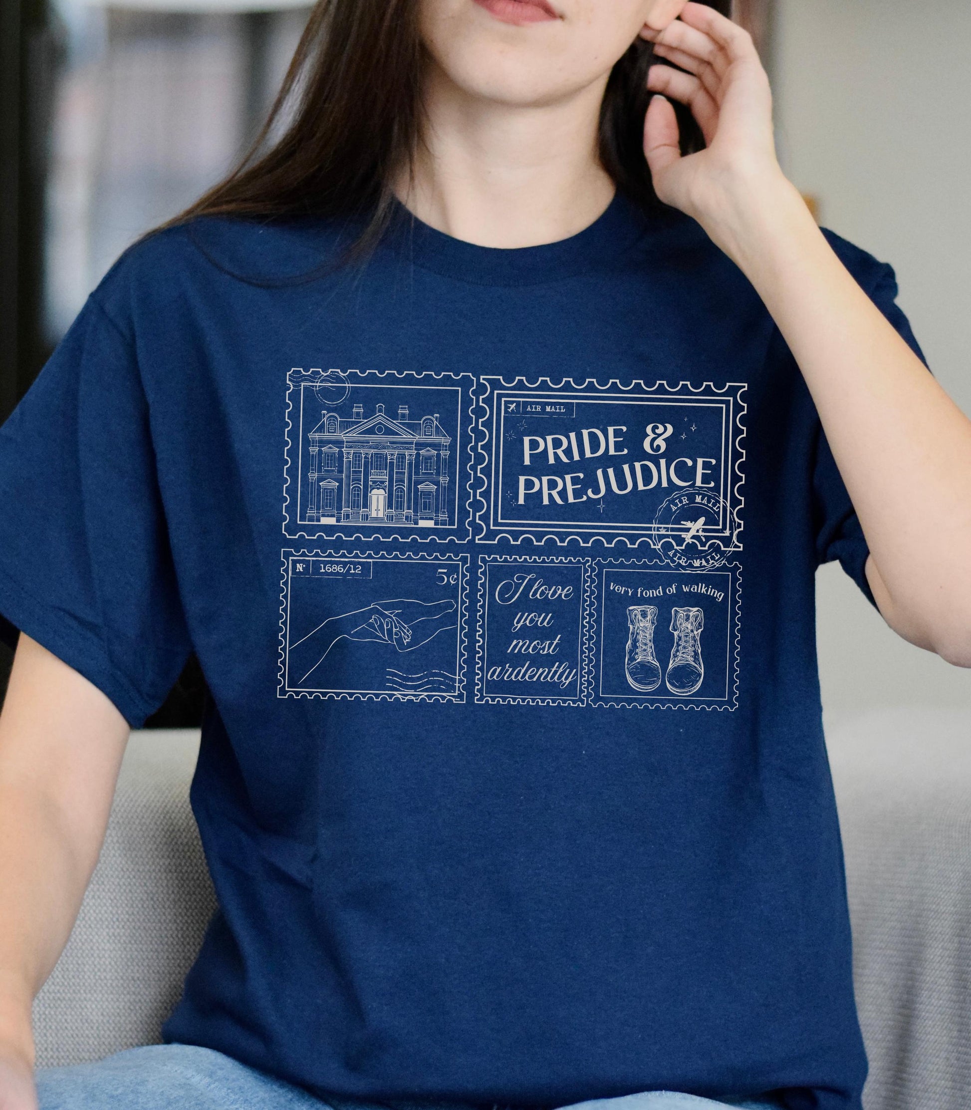 Pride & Prejudice Pemberley Bookish Stamp Postcard Tee * Bookworm Gift Jane Austen Mr Darcy Hand Flex Fond of Walking Lizzie Regency Romance