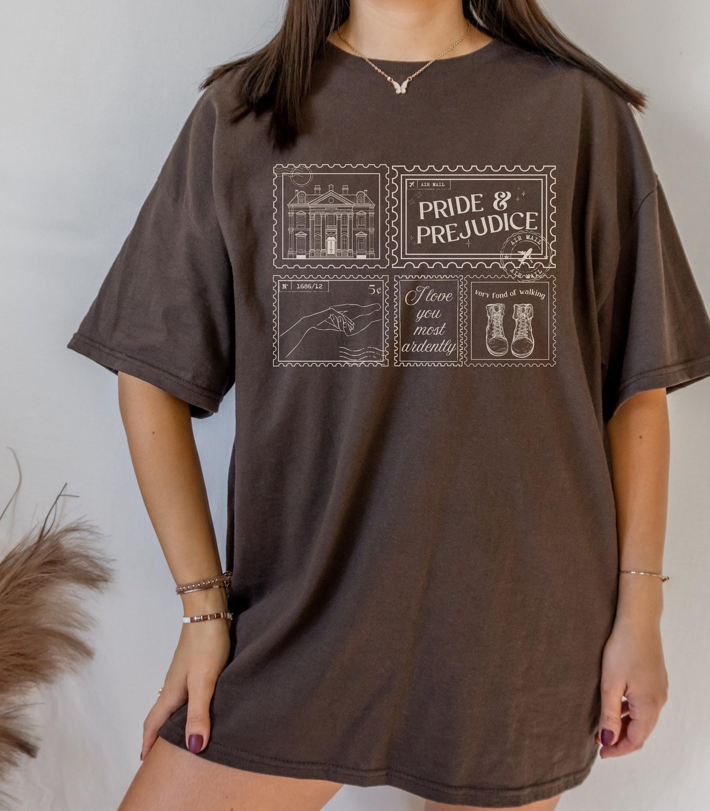 Pride & Prejudice Pemberley Bookish Stamp Postcard Tee * Bookworm Gift Jane Austen Mr Darcy Hand Flex Fond of Walking Lizzie Regency Romance