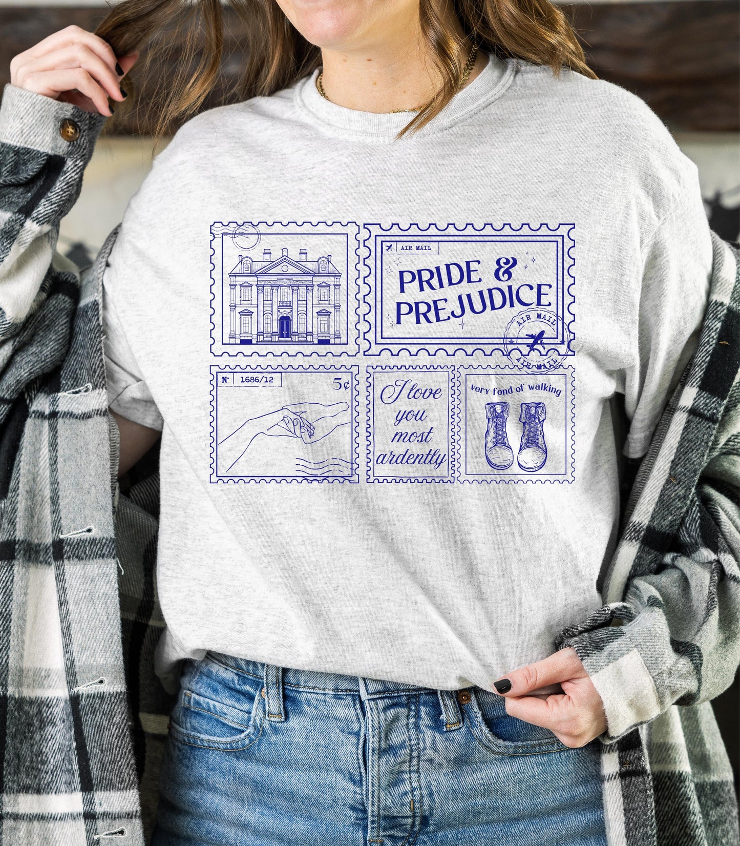 Pride & Prejudice Pemberley Bookish Stamp Postcard Tee * Bookworm Gift Jane Austen Mr Darcy Hand Flex Fond of Walking Lizzie Regency Romance