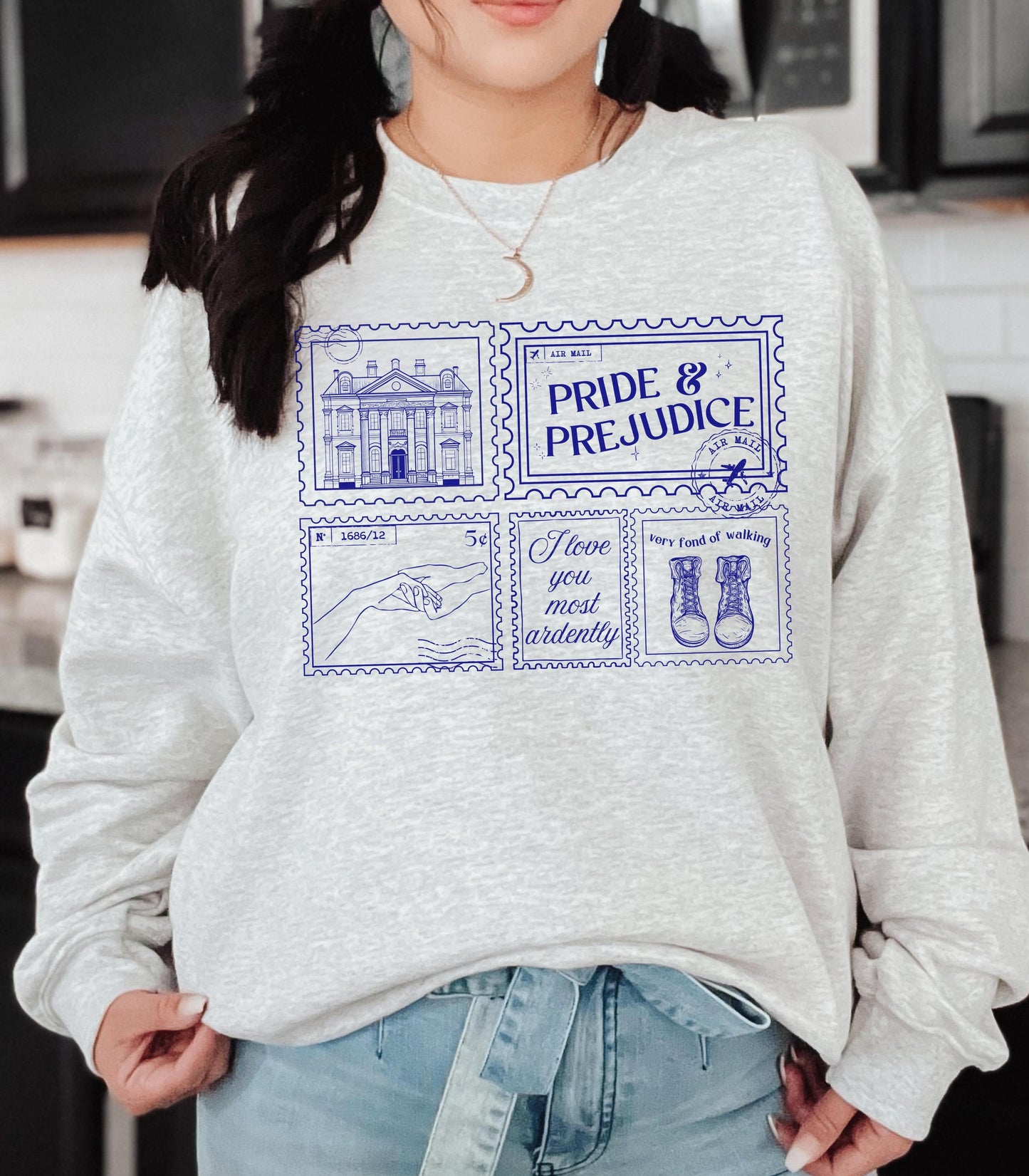 Pride & Prejudice Pemberley Bookish Stamp Postcard Sweatshirt Bookworm Jane Austen Mr Darcy Hand Flex Fond of Walking Lizzie Regency Romance