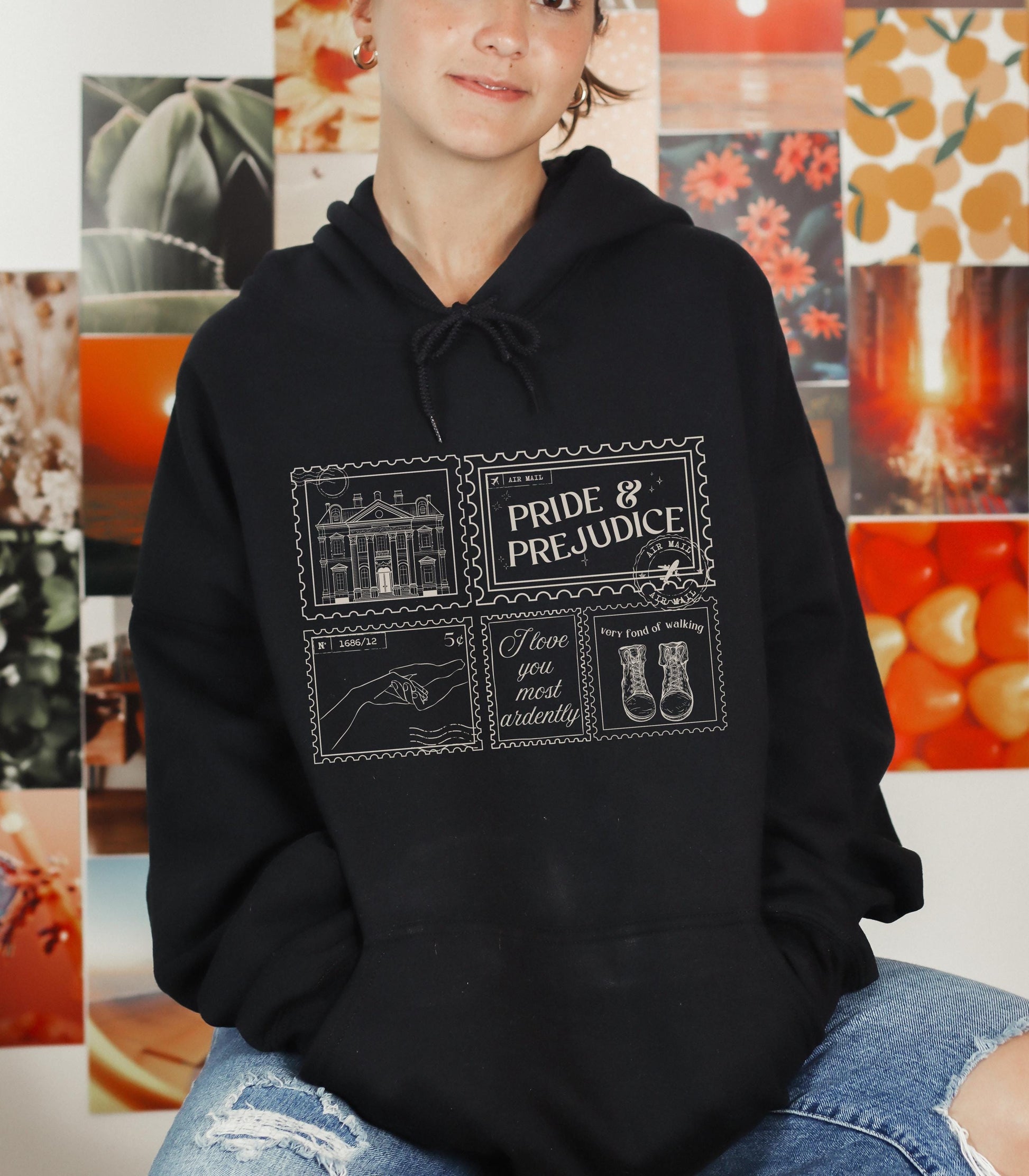 Pride & Prejudice Pemberley Bookish Stamp Postcard Hoodie 20th Anniversary Jane Austen Mr Darcy Hand Flex Fond of Walking Regency Romance