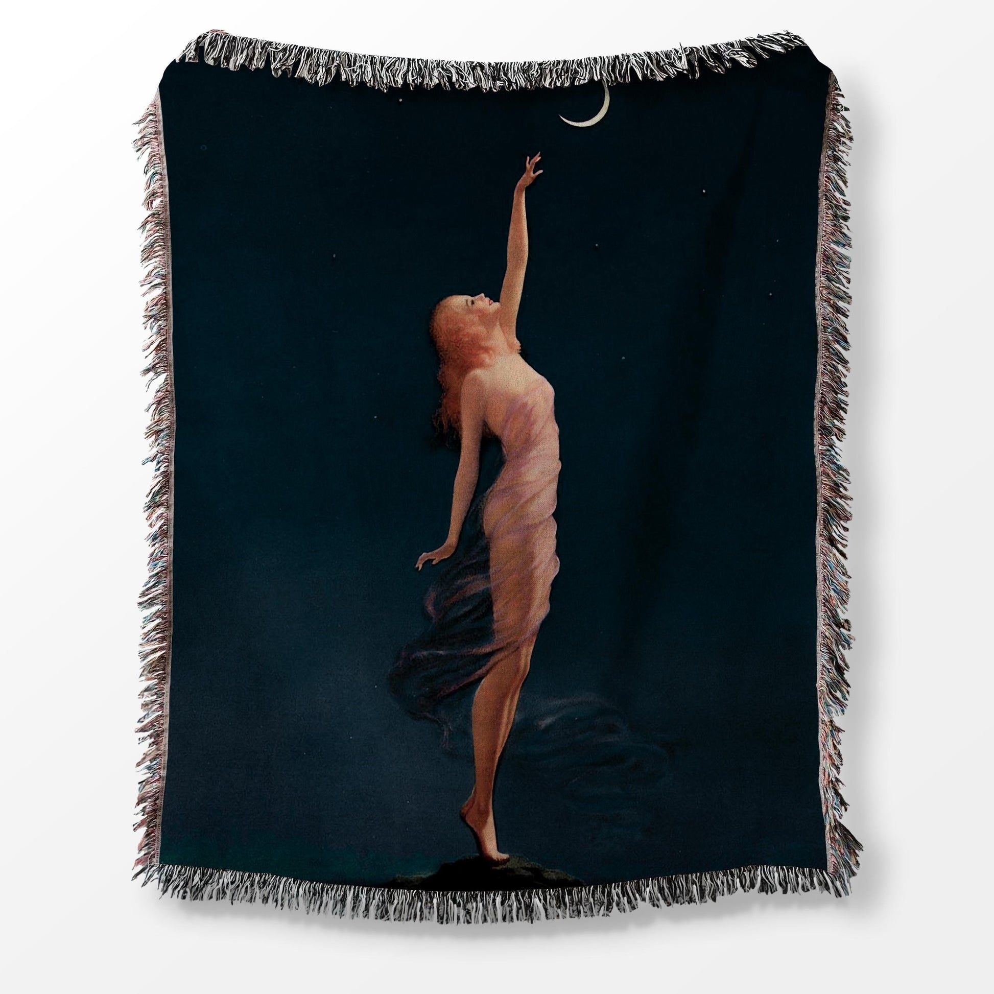 Vintage Celestial Witch Woven Tapestry Blanket * Reaching for the Moon Whimsigoth Gothic Halloween Antique Moody Magic Art Dark Academia