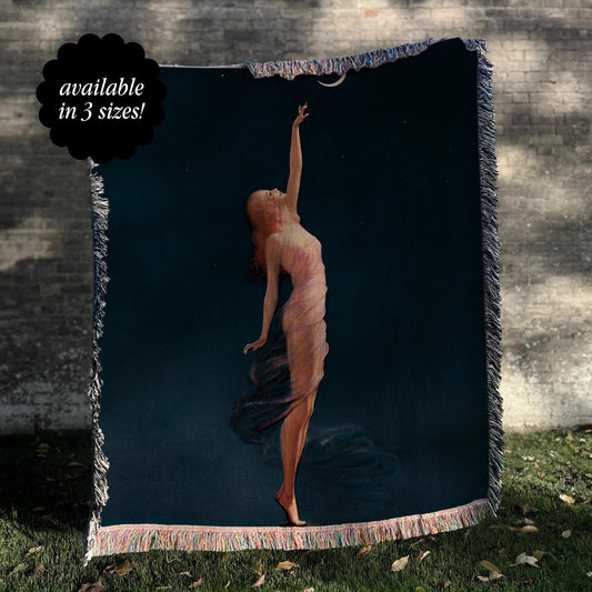 Vintage Celestial Witch Woven Tapestry Blanket * Reaching for the Moon Whimsigoth Gothic Halloween Antique Moody Magic Art Dark Academia