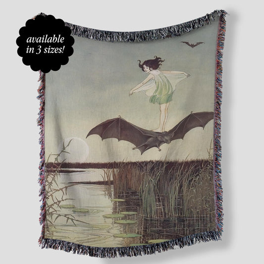 Fairy Riding a Bat Fairytale Woven Tapestry Blanket * Whimsical Fairycore Goblincore Cottagecore Whimsigoth Home Decor Tempest Illustration