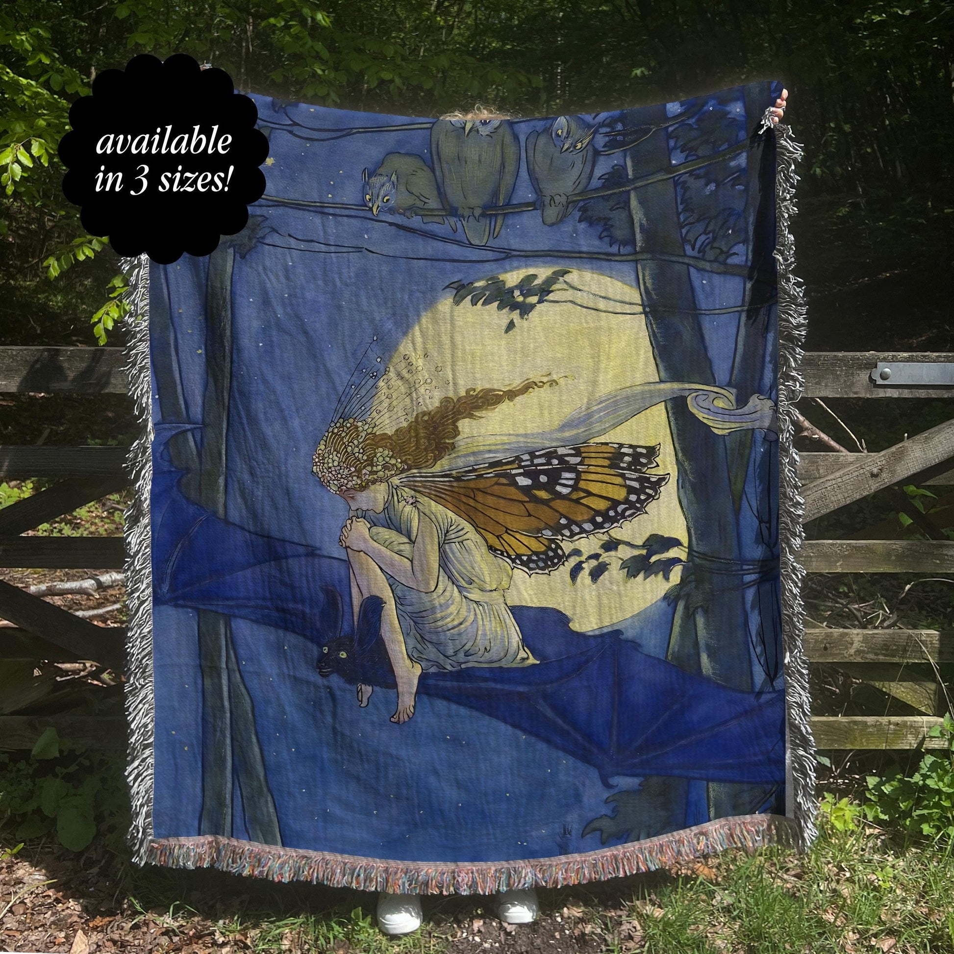 Whimsical Fairy Riding a Bat Fairytale Woven Tapestry Blanket * Fairycore Goblincore Cottagecore Whimsigoth Home Decor Tempest Halloween