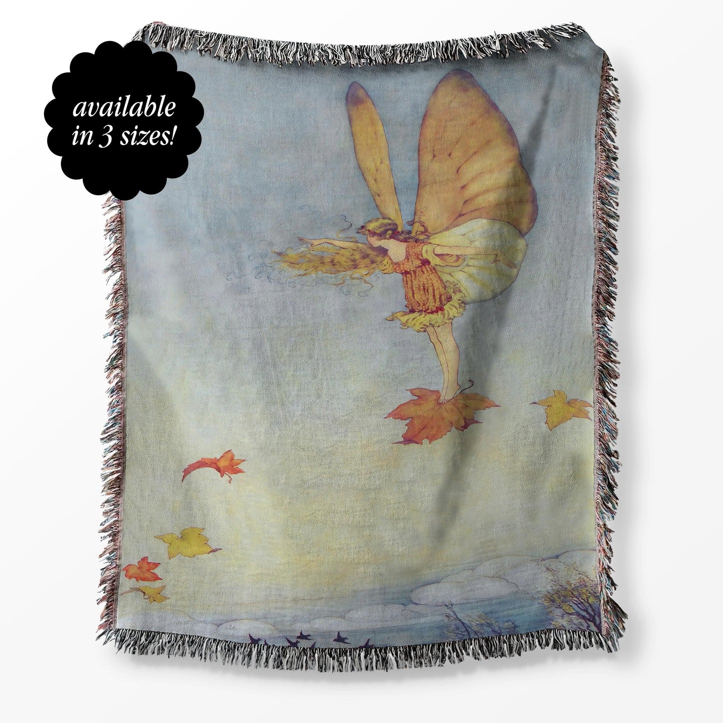 Whimsical Autumn Fairy Riding a Leaf Fairytale Woven Tapestry Blanket Fairycore Goblincore Cottagecore Whimsigoth Woodland Decor Academia
