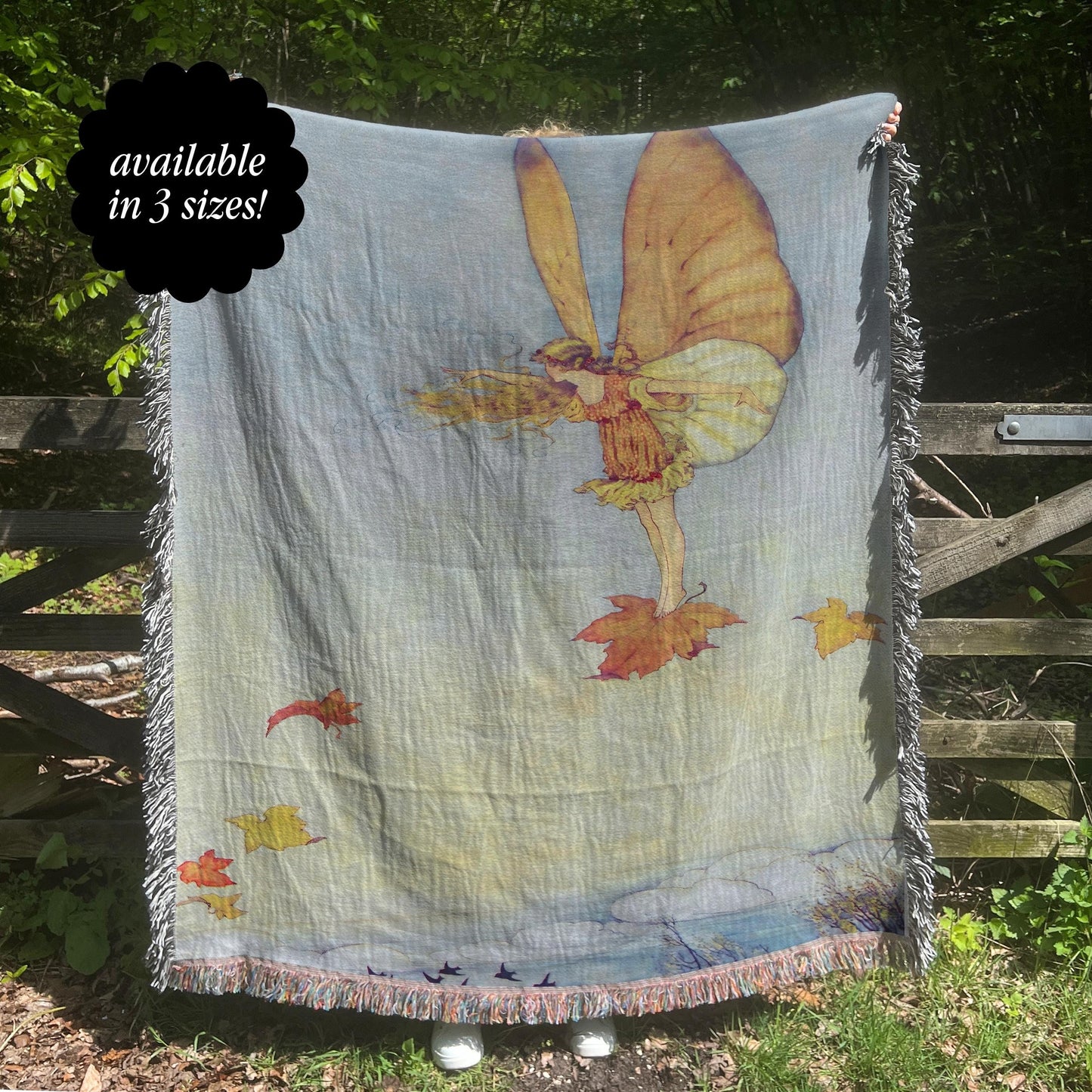 Whimsical Autumn Fairy Riding a Leaf Fairytale Woven Tapestry Blanket Fairycore Goblincore Cottagecore Whimsigoth Woodland Decor Academia