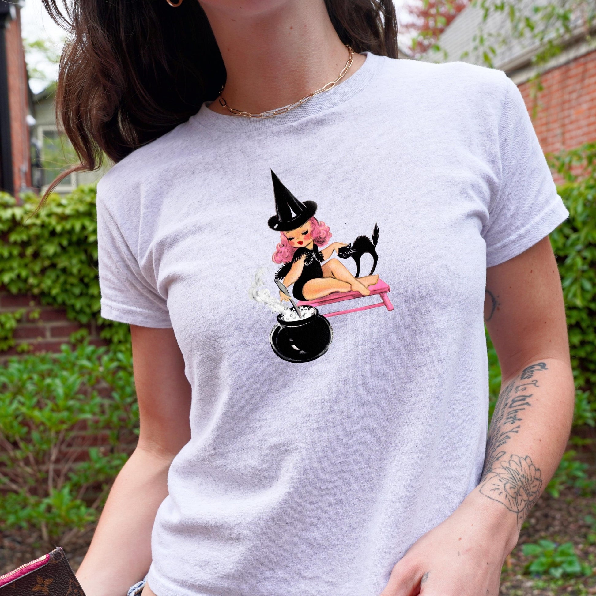 Cute Retro Witch Y2k Baby Tee Vintage Witchy 90s Nostalgia Aesthetic Halloween Pink Trick Or Treat Kewpie Black Cat Spooky Season Boo Basket