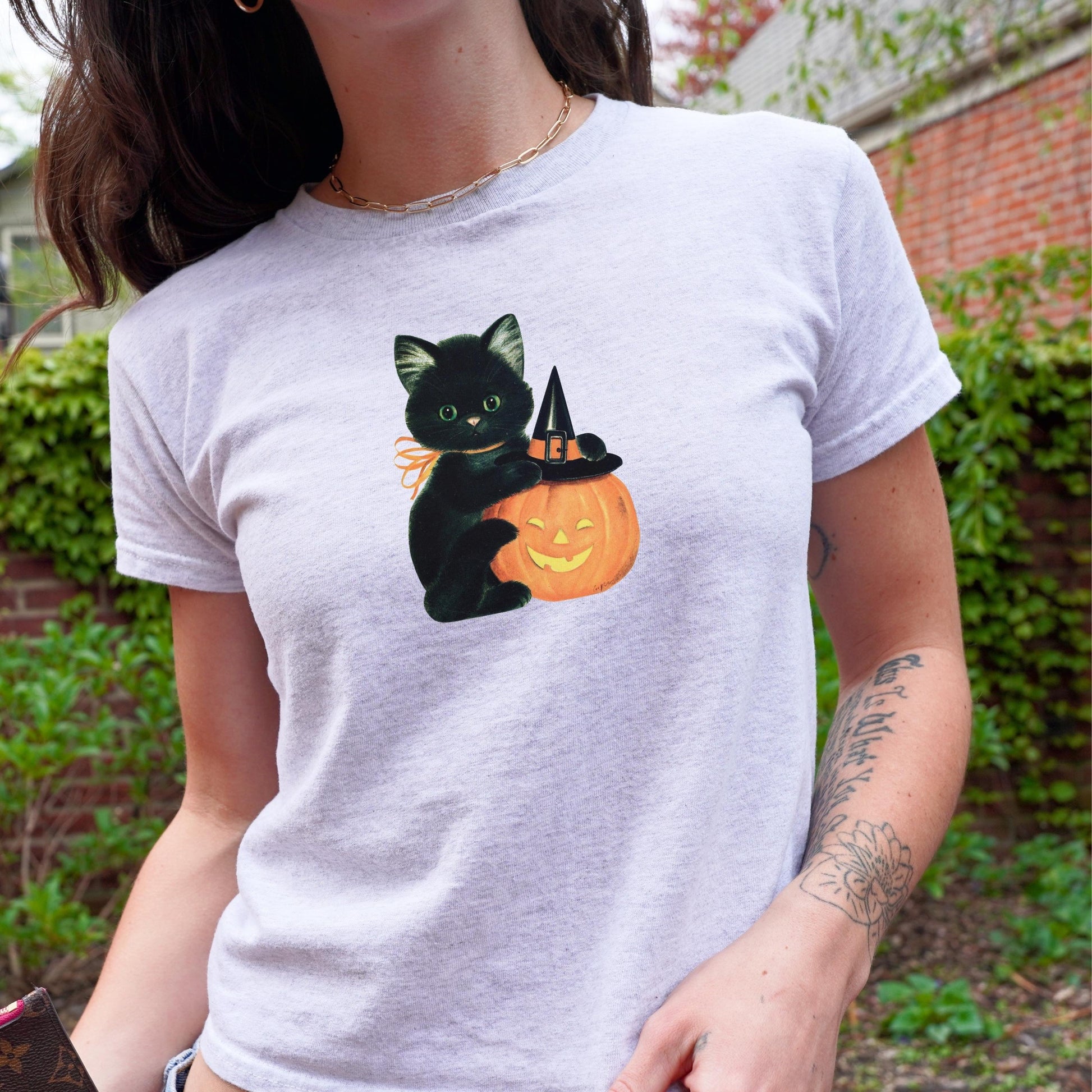 Cute Halloween Kitten Black Cat Pumpkins Y2k Baby Tee * Vintage Witchy 90s Nostalgia Aesthetic Cat Mom Gift Spooky Season Boo Basket Idea