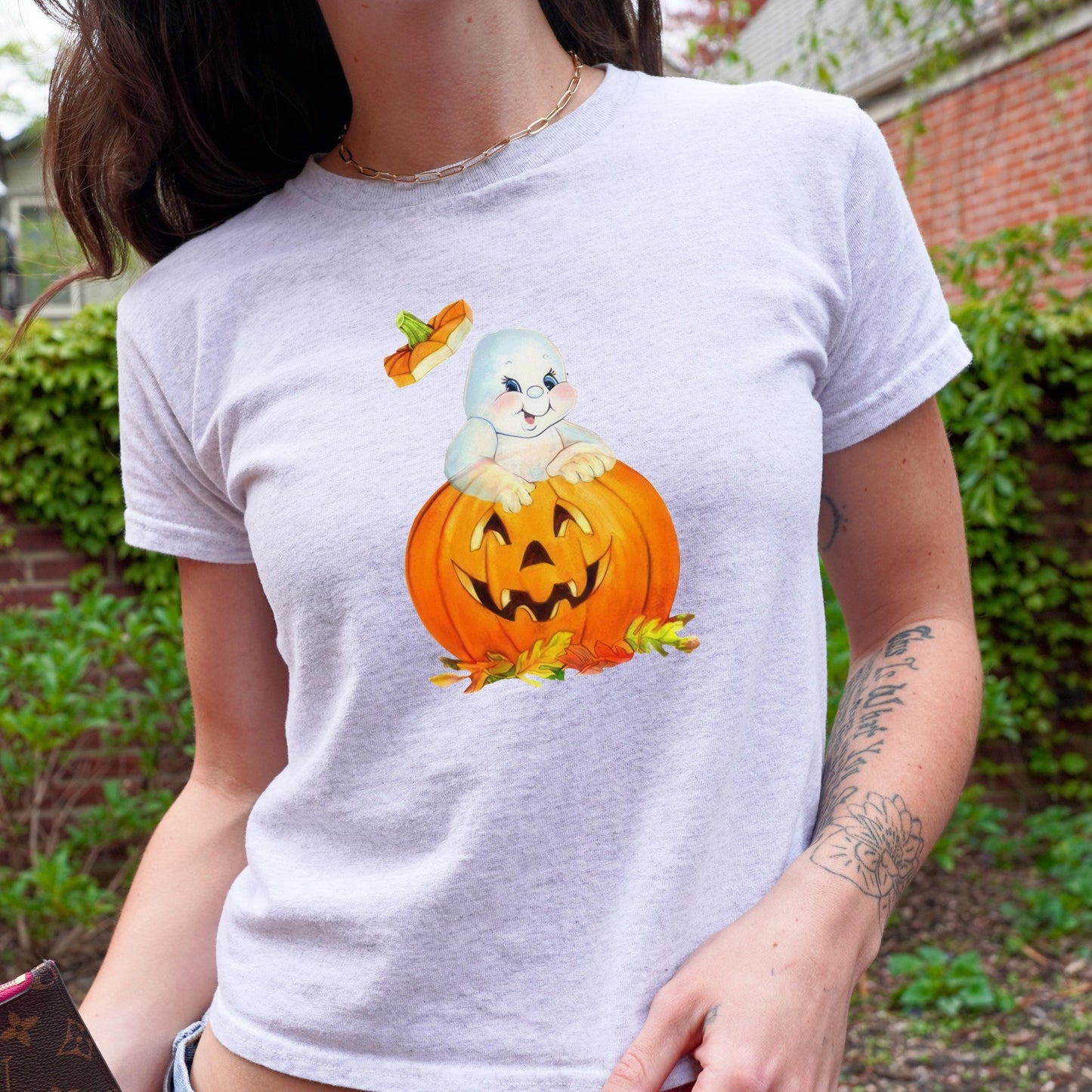 Cute 80s Inspired Ghost Pumpkin Y2K Baby Tee * 90s Nostalgia Retro Aesthetic Vintage Downtown Girl Autumn Spooky Season Boo Basket Gift Idea