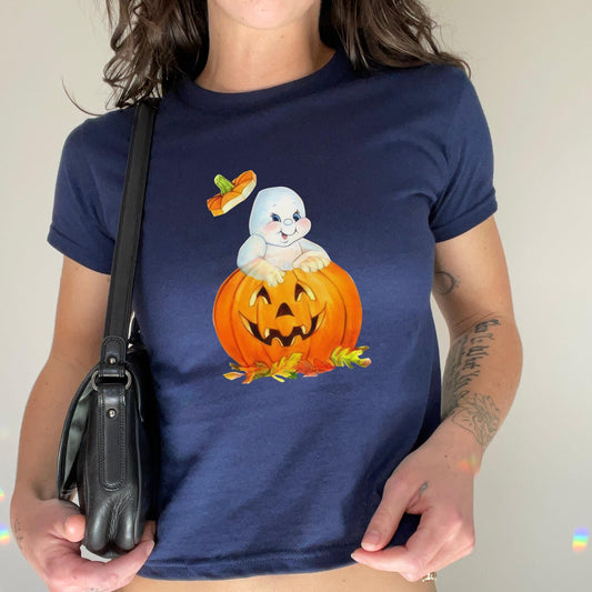 Cute 80s Inspired Ghost Pumpkin Y2K Baby Tee * 90s Nostalgia Retro Aesthetic Vintage Downtown Girl Autumn Spooky Season Boo Basket Gift Idea