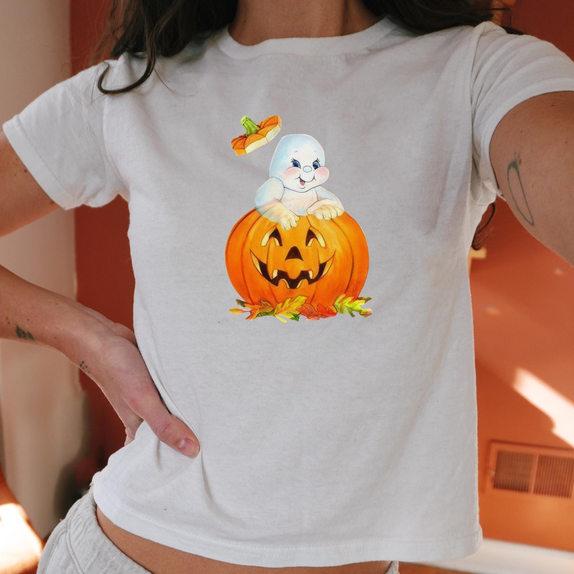 Cute 80s Inspired Ghost Pumpkin Y2K Baby Tee * 90s Nostalgia Retro Aesthetic Vintage Downtown Girl Autumn Spooky Season Boo Basket Gift Idea