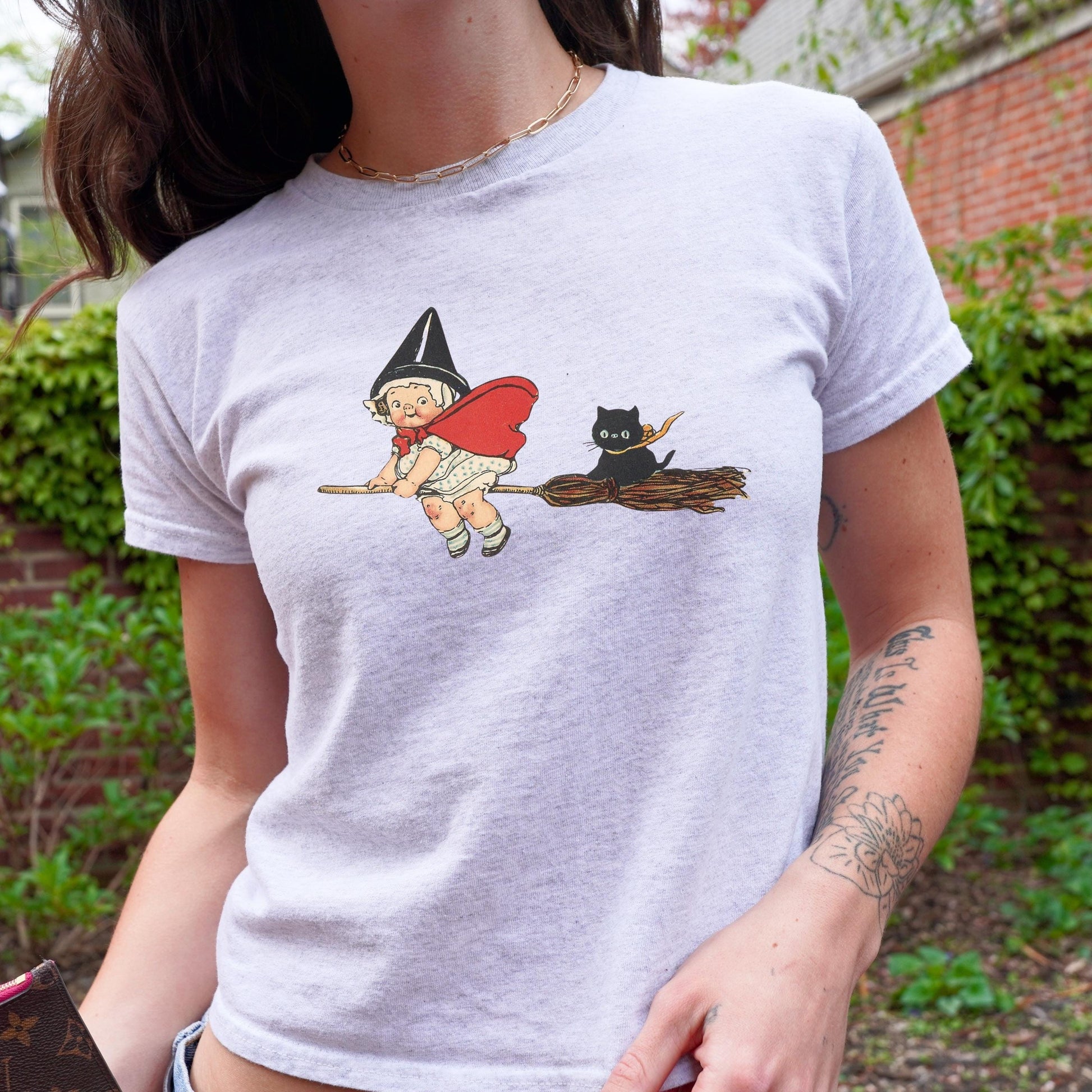 Cute Kitschy Witch Black Cat Halloween Y2k Aesthetic Baby Tee Kewpie Kiki Delivery Spooky Season Boo Basket Downtown Girl 80s Inspired Retro