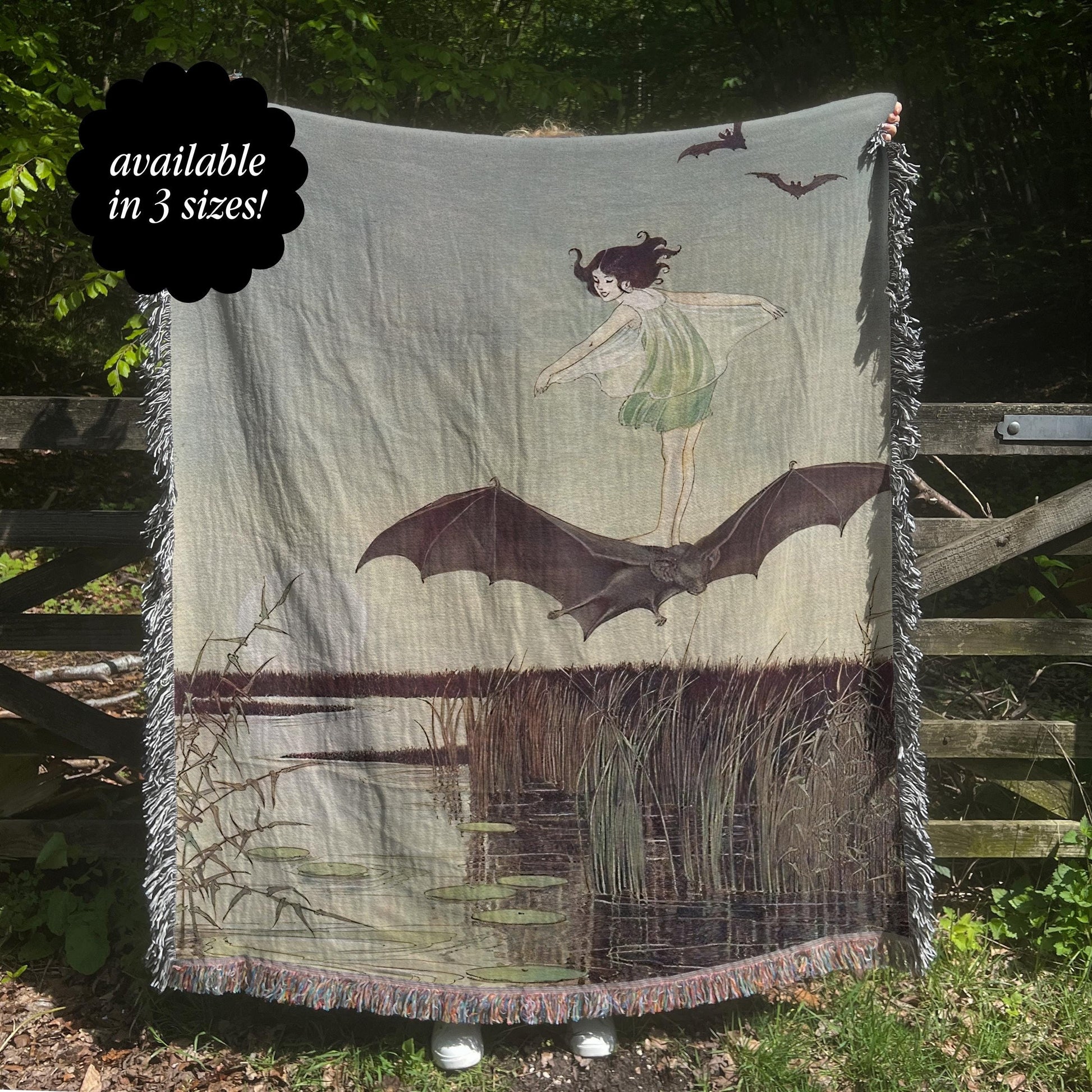 Fairy Riding a Bat Fairytale Woven Tapestry Blanket * Whimsical Fairycore Goblincore Cottagecore Whimsigoth Home Decor Tempest Illustration