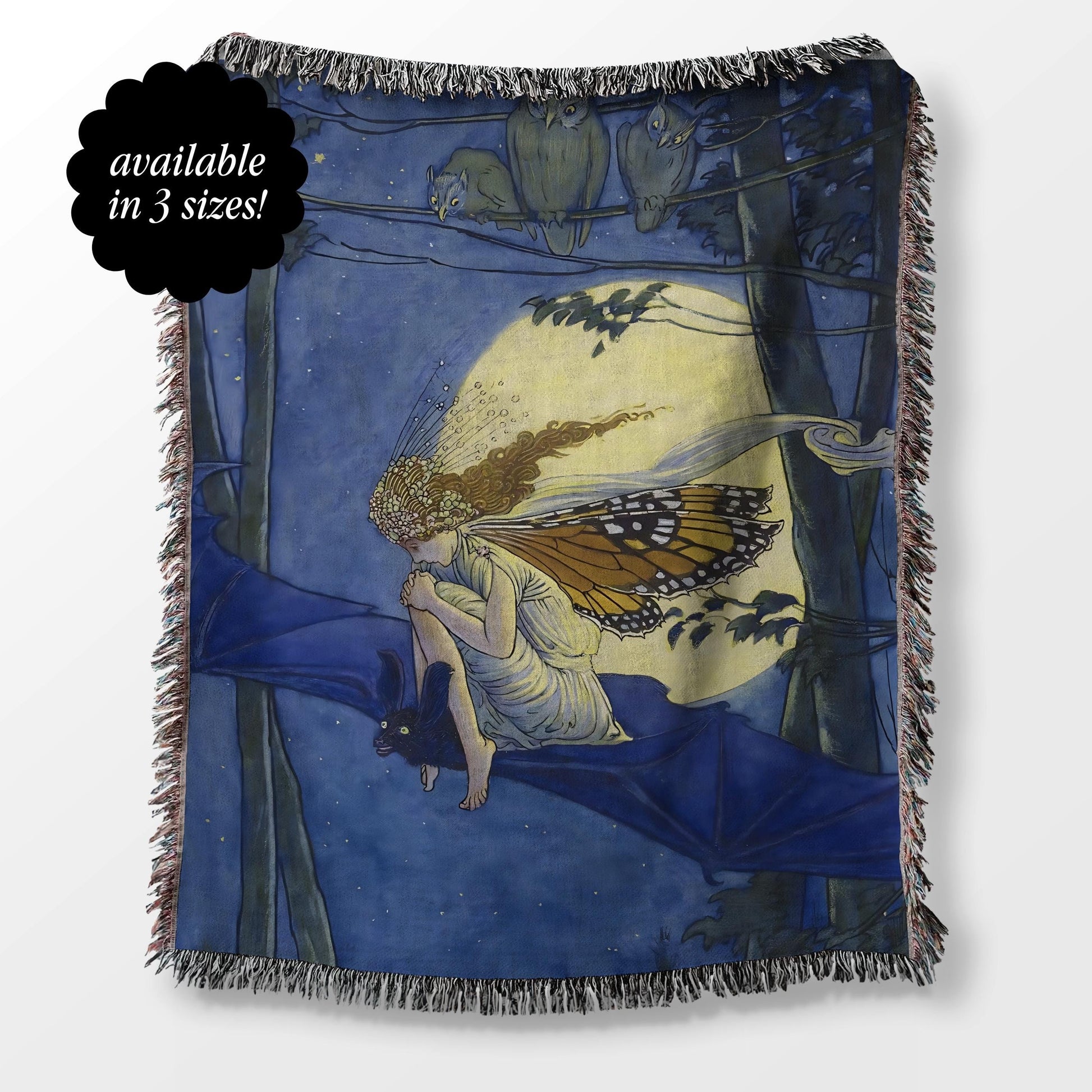 Whimsical Fairy Riding a Bat Fairytale Woven Tapestry Blanket * Fairycore Goblincore Cottagecore Whimsigoth Home Decor Tempest Halloween