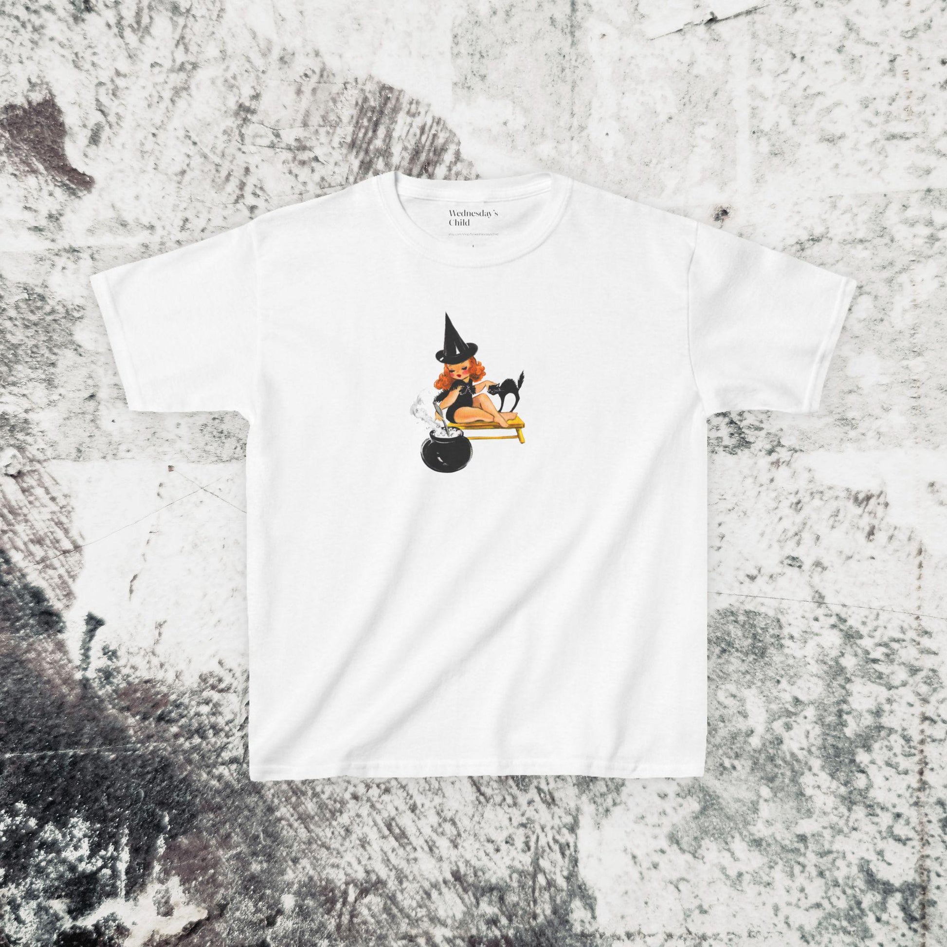Cute Retro Witch Y2k Baby Tee Vintage Witchy 90s Nostalgia Aesthetic Halloween Tee Trick Or Treat Kewpie Black Cat Spooky Season Boo Basket