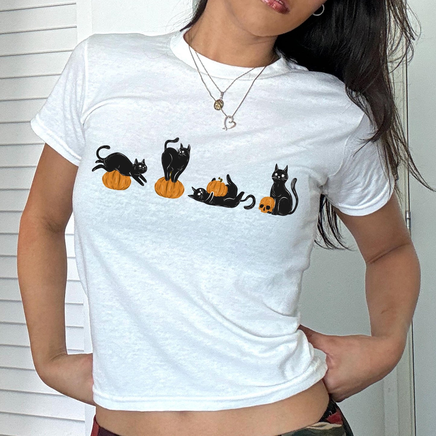 Cute Retro Black Cat Pumpkins Y2k Baby Tee * Vintage Witchy 90s Nostalgia Aesthetic Halloween Trick Or Treat Shirt Spooky Season Boo Basket
