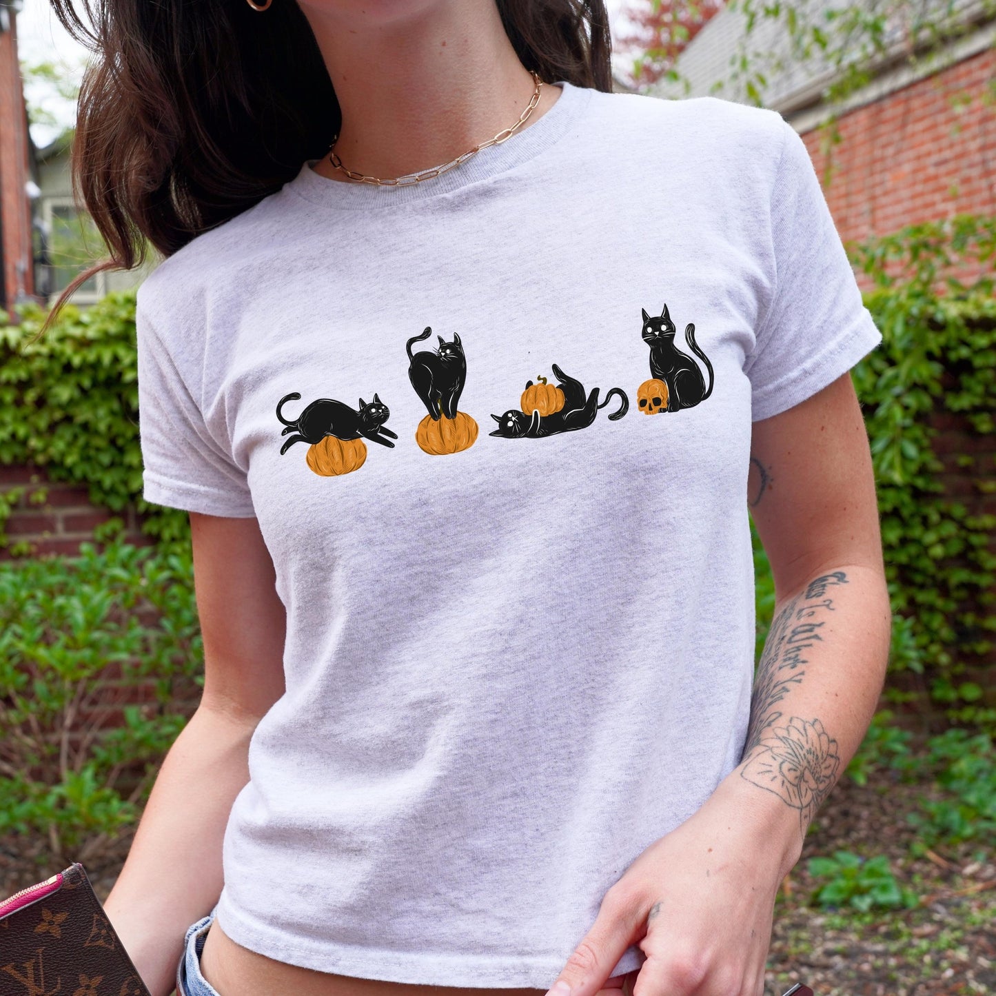Cute Retro Black Cat Pumpkins Y2k Baby Tee * Vintage Witchy 90s Nostalgia Aesthetic Halloween Trick Or Treat Shirt Spooky Season Boo Basket
