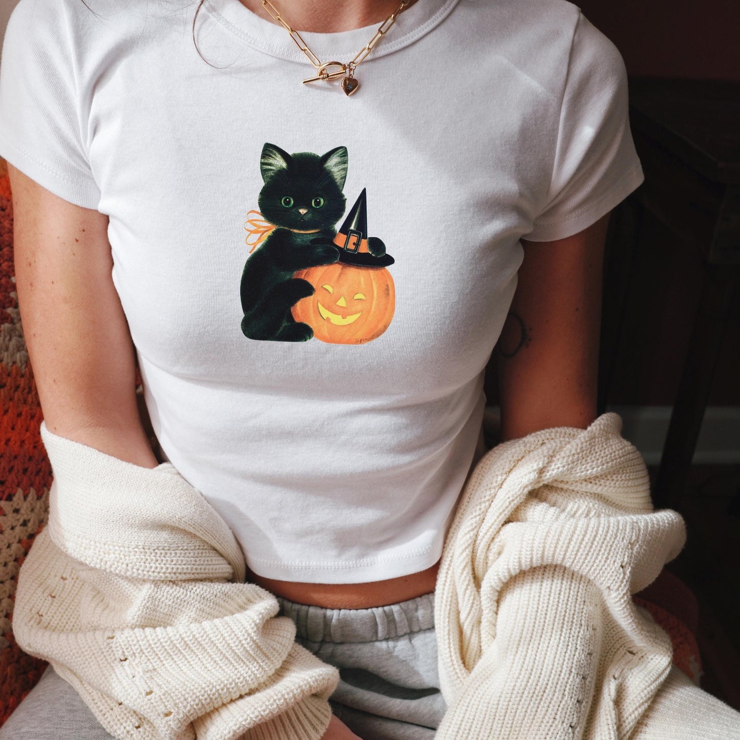 Cute Halloween Kitten Black Cat Pumpkins Y2k Baby Tee * Vintage Witchy 90s Nostalgia Aesthetic Cat Mom Gift Spooky Season Boo Basket Idea
