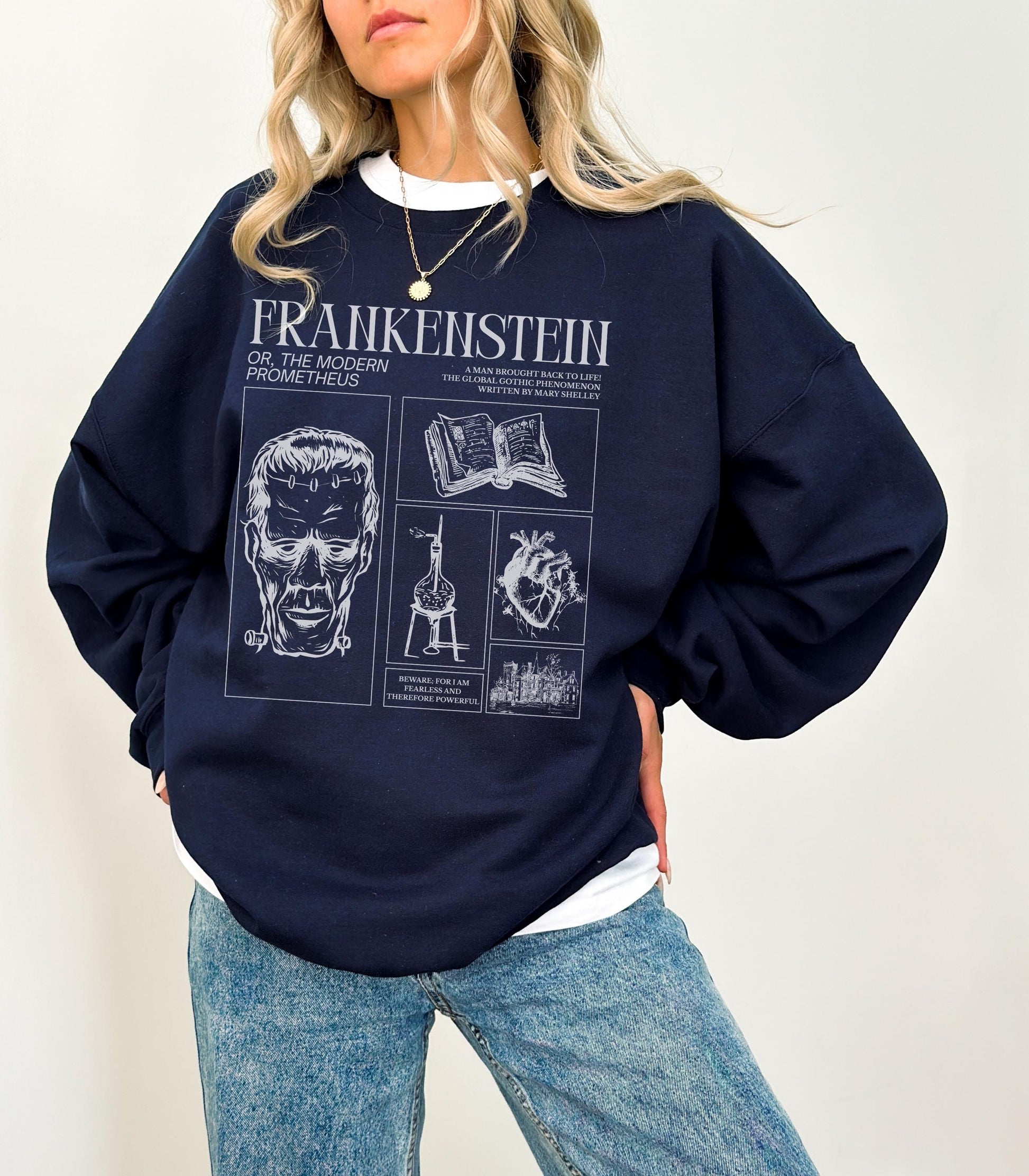 Frankenstein Mary Shelley Sweatshirt * Spooky Season Retro Classic Horror Gothic Retro Monster Movie Lover Bookish Halloween Dark Academia