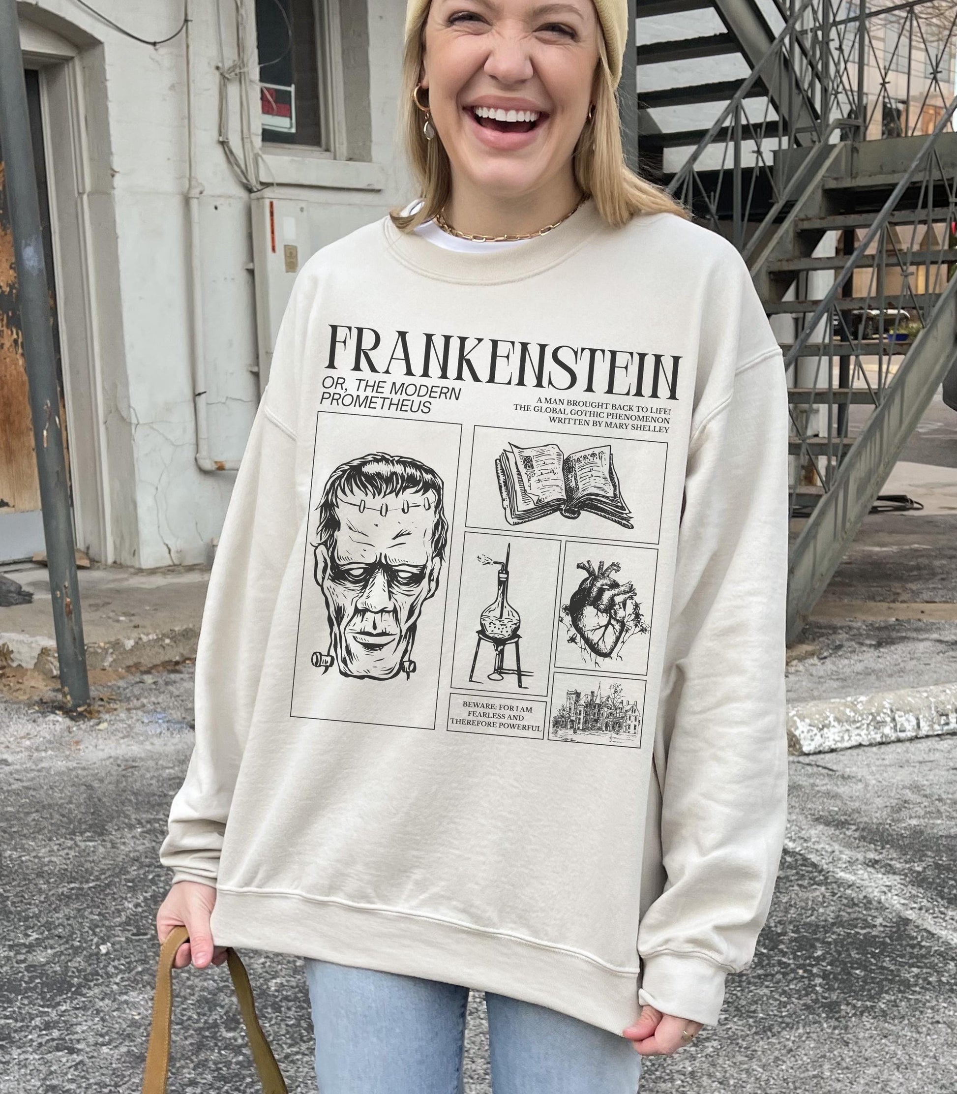 Frankenstein Mary Shelley Sweatshirt * Spooky Season Retro Classic Horror Gothic Retro Monster Movie Lover Bookish Halloween Dark Academia