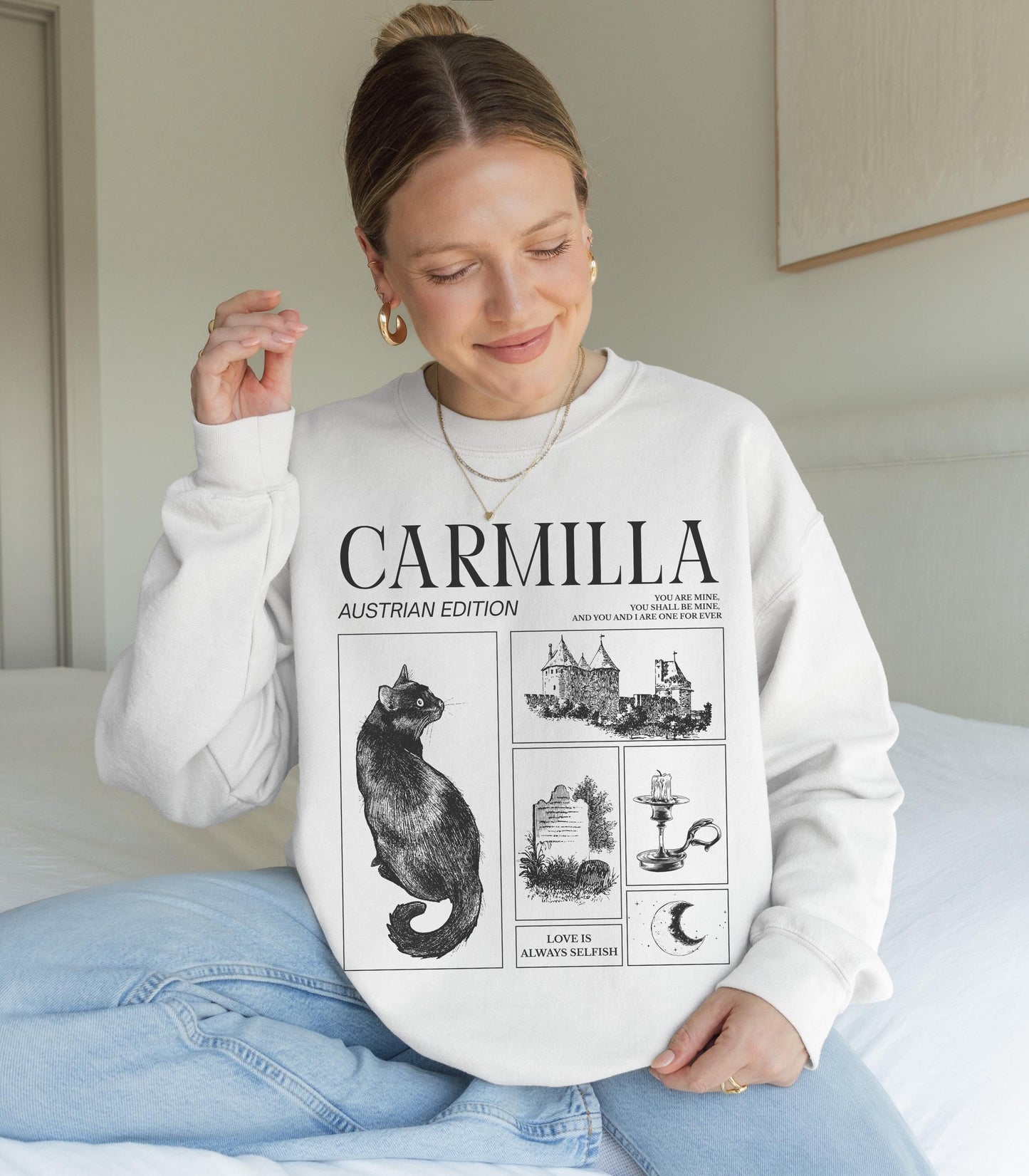 Carmilla Vampire Halloween Sweatshirt * Retro Aesthetic Monster Mash Cult Classic Horror Movie Black Cat Dark Sapphic Romance Subtle Bookish