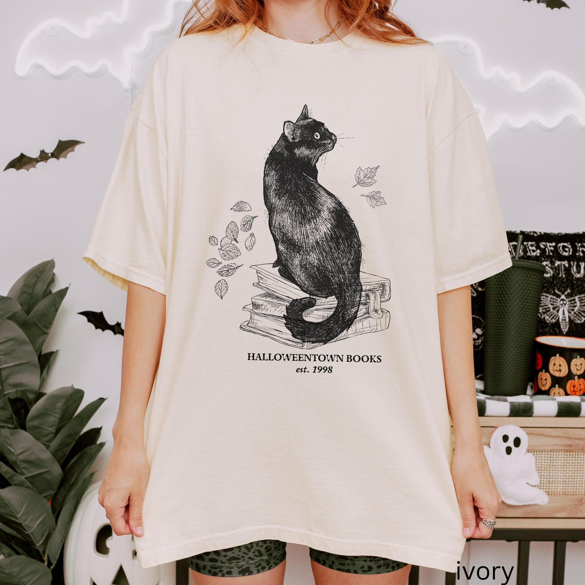 Halloweentown Books Shirt Reading Cat Mom Comfort Colors * Fall Halloween Autumn Witchy Spooky Bookish Book Worm Club Dark Academia Tee