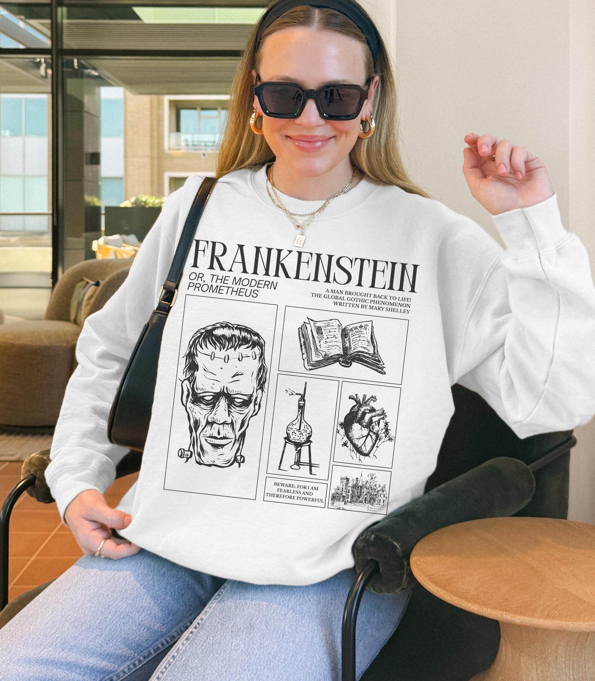 Frankenstein Mary Shelley Sweatshirt * Spooky Season Retro Classic Horror Gothic Retro Monster Movie Lover Bookish Halloween Dark Academia