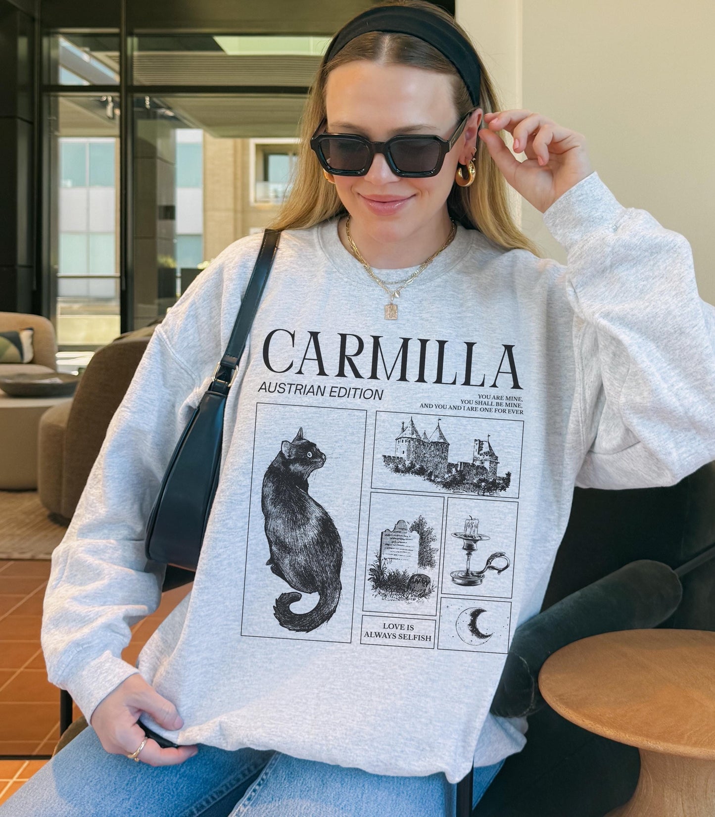 Carmilla Vampire Halloween Sweatshirt * Retro Aesthetic Monster Mash Cult Classic Horror Movie Black Cat Dark Sapphic Romance Subtle Bookish