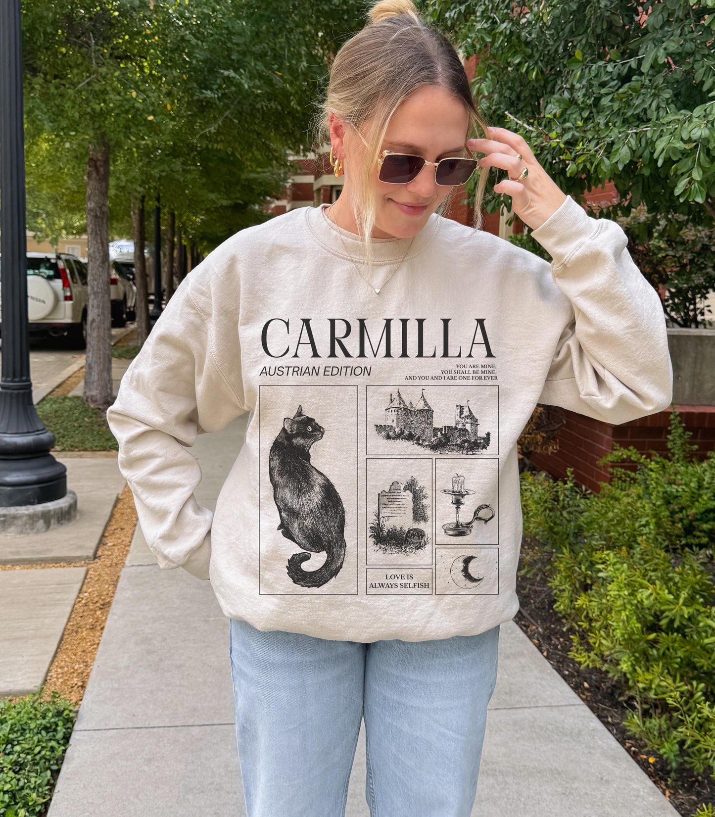 Carmilla Vampire Halloween Sweatshirt * Retro Aesthetic Monster Mash Cult Classic Horror Movie Black Cat Dark Sapphic Romance Subtle Bookish