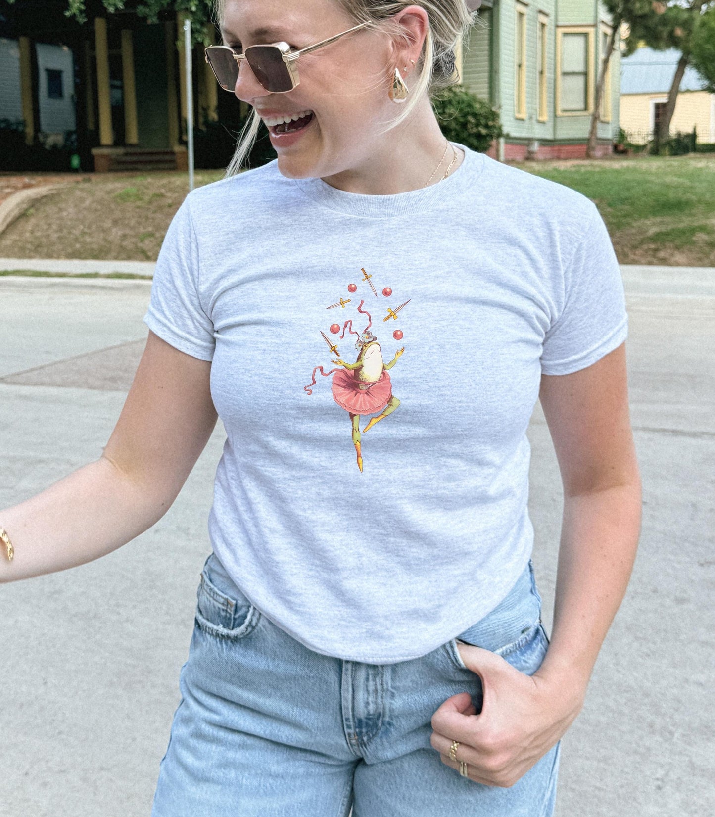 Cute Coquette Ballet Frog y2k cotton baby tee Kitschy Vintage Cottagecore Balletcore Ballerina 90s Soft Girl Ballet Dance Lover Teacher Gift