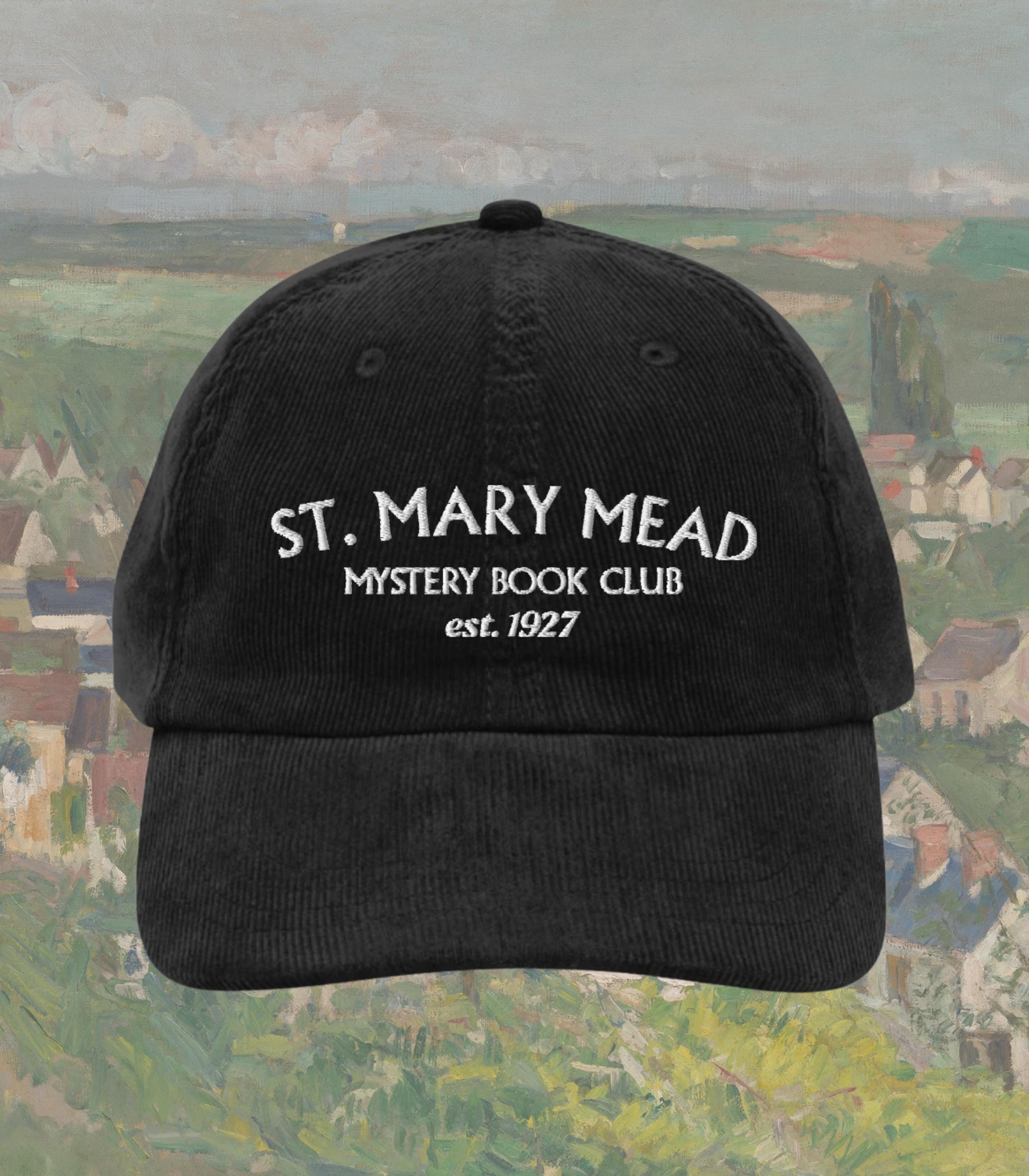 St Mary Mead Agatha Christie Marple British Classic Cozy True Crime Murder Mystery Book Club Short Stories Embroidered Corduroy Hat Bookish