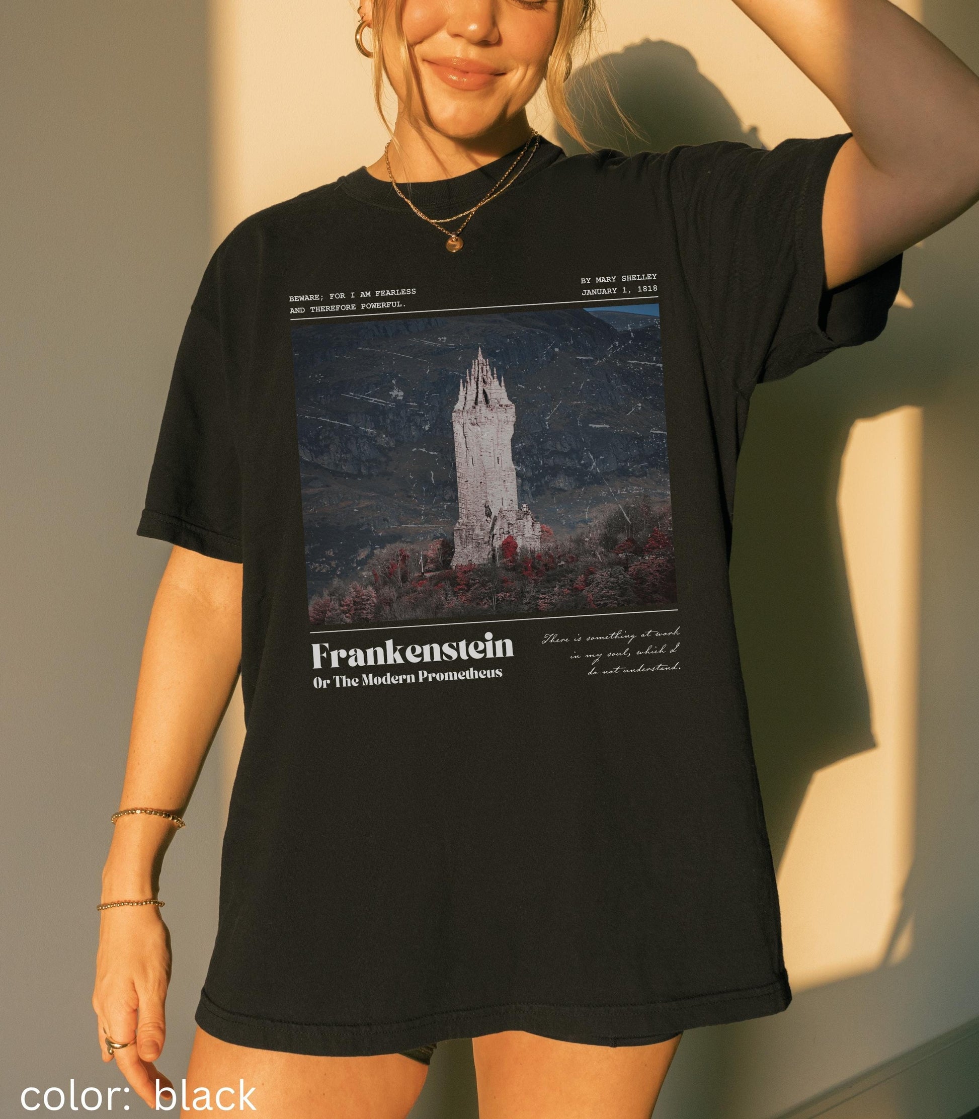 Frankenstein Tower Gothic Subtle Bookish Comfort Colors Tee * Mary Shelley Quote Christmas 2025 Horror Movie Dark Academia Monsters Together