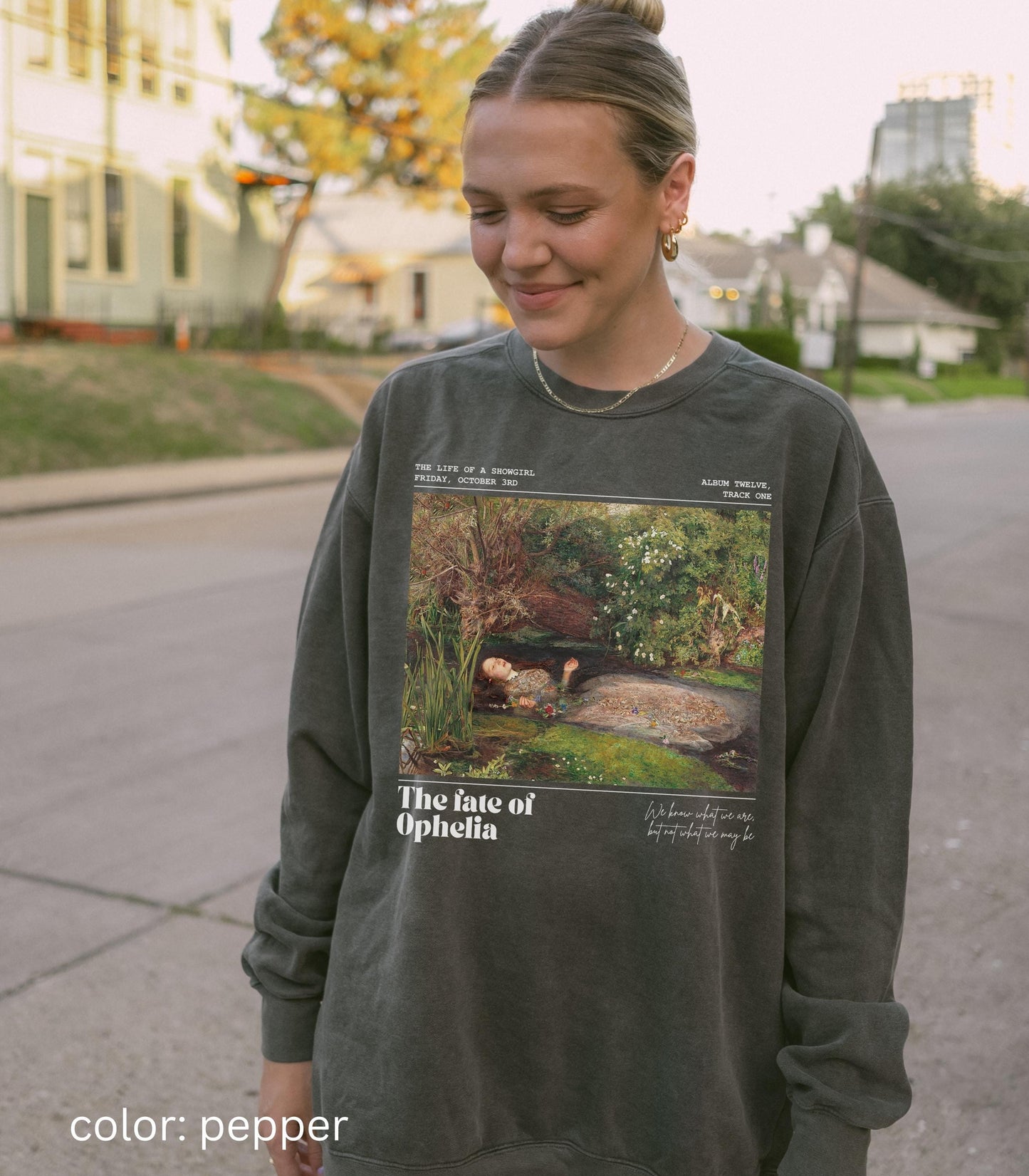 Fate of Ophelia Comfort Colors Sweatshirt TS Showgirl Era Pearls Concert Lyric Music Album Release Millais Hamlet Shakespeare Secret Santa