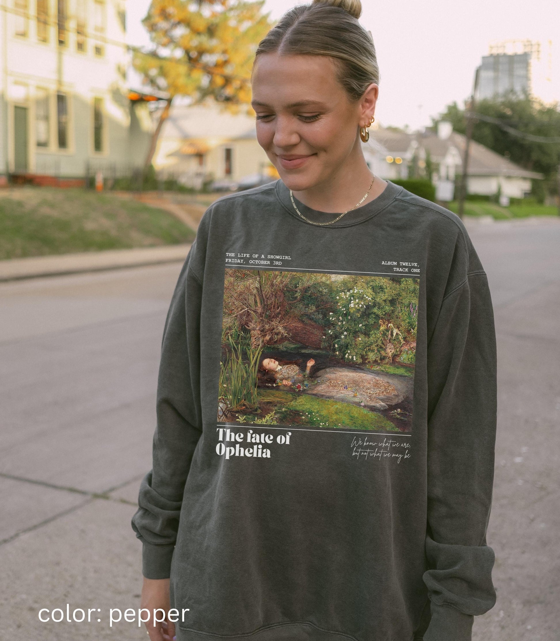 Fate of Ophelia Comfort Colors Sweatshirt TS Showgirl Era Pearls Concert Lyric Music Album Release Millais Hamlet Shakespeare Secret Santa