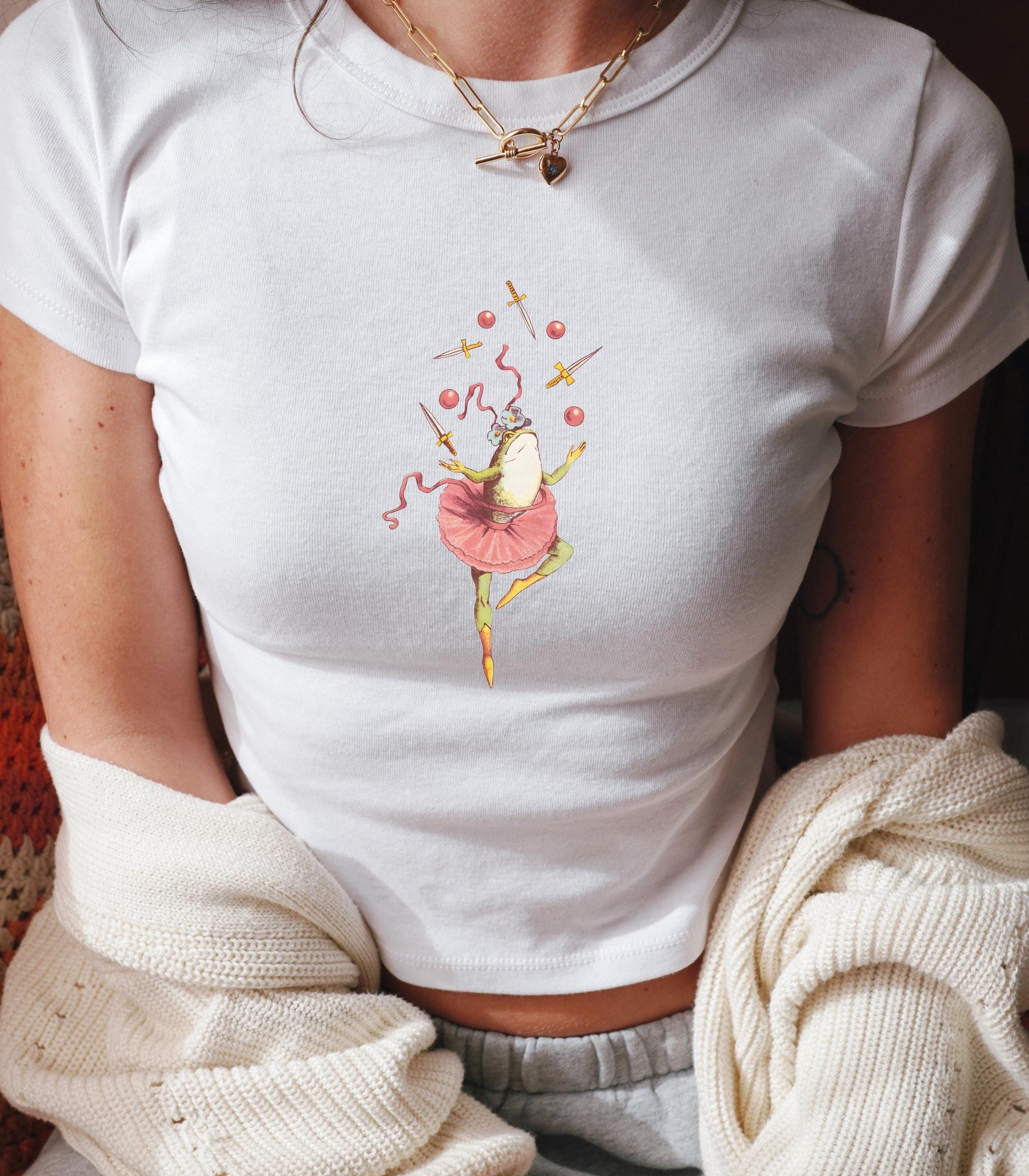 Cute Coquette Ballet Frog y2k cotton baby tee Kitschy Vintage Cottagecore Balletcore Ballerina 90s Soft Girl Ballet Dance Lover Teacher Gift