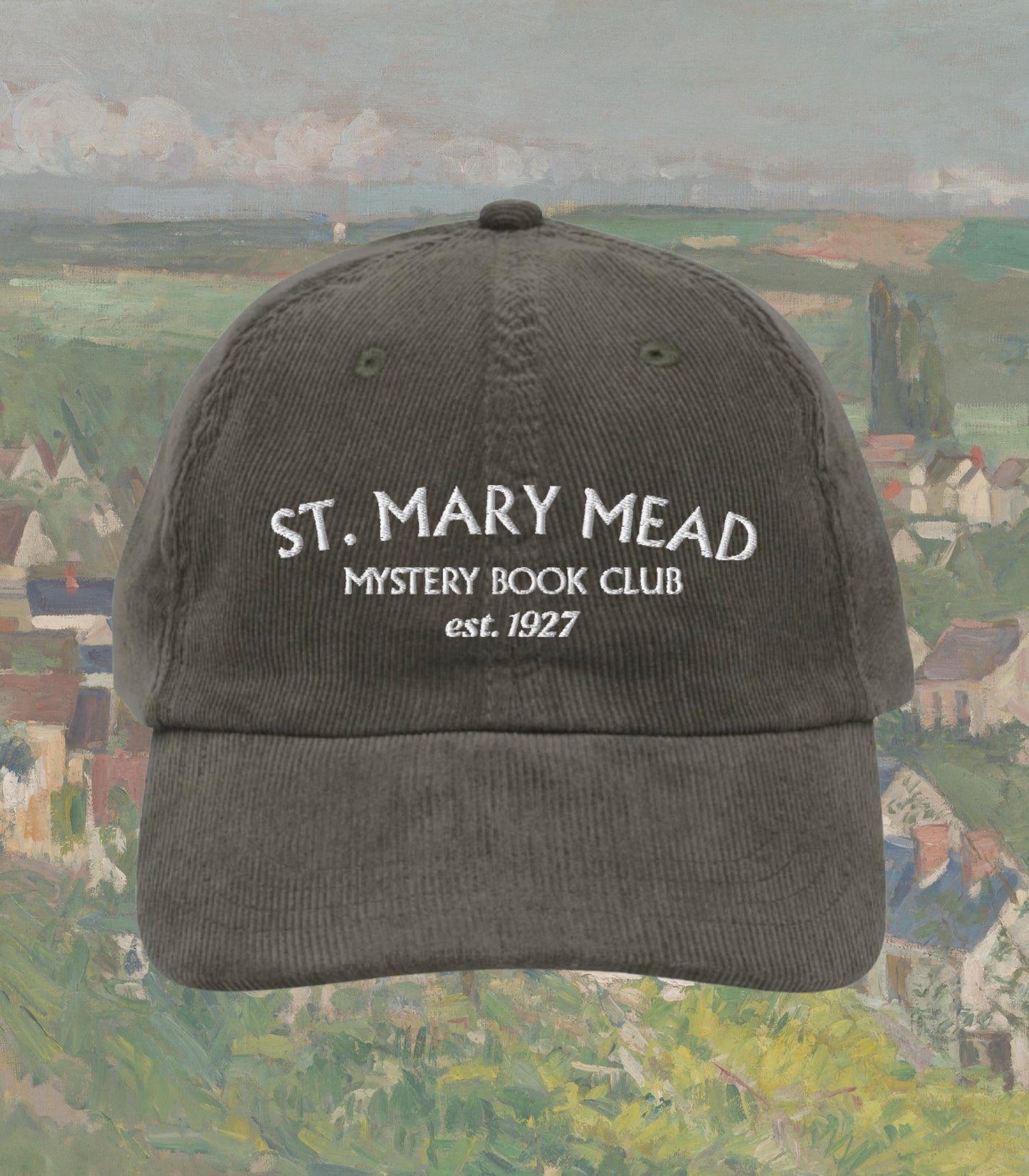 St Mary Mead Agatha Christie Marple British Classic Cozy True Crime Murder Mystery Book Club Short Stories Embroidered Corduroy Hat Bookish