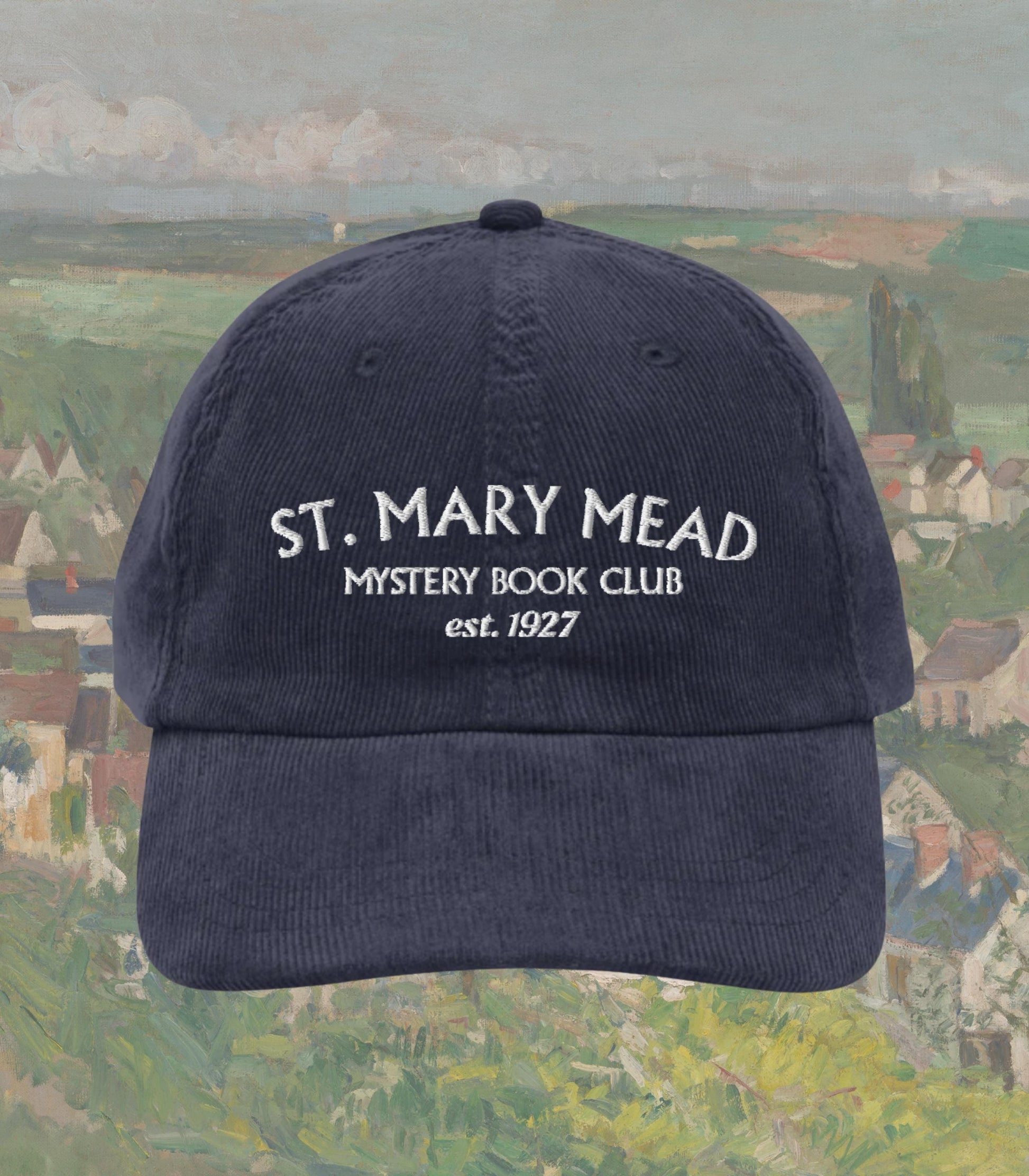 St Mary Mead Agatha Christie Marple British Classic Cozy True Crime Murder Mystery Book Club Short Stories Embroidered Corduroy Hat Bookish
