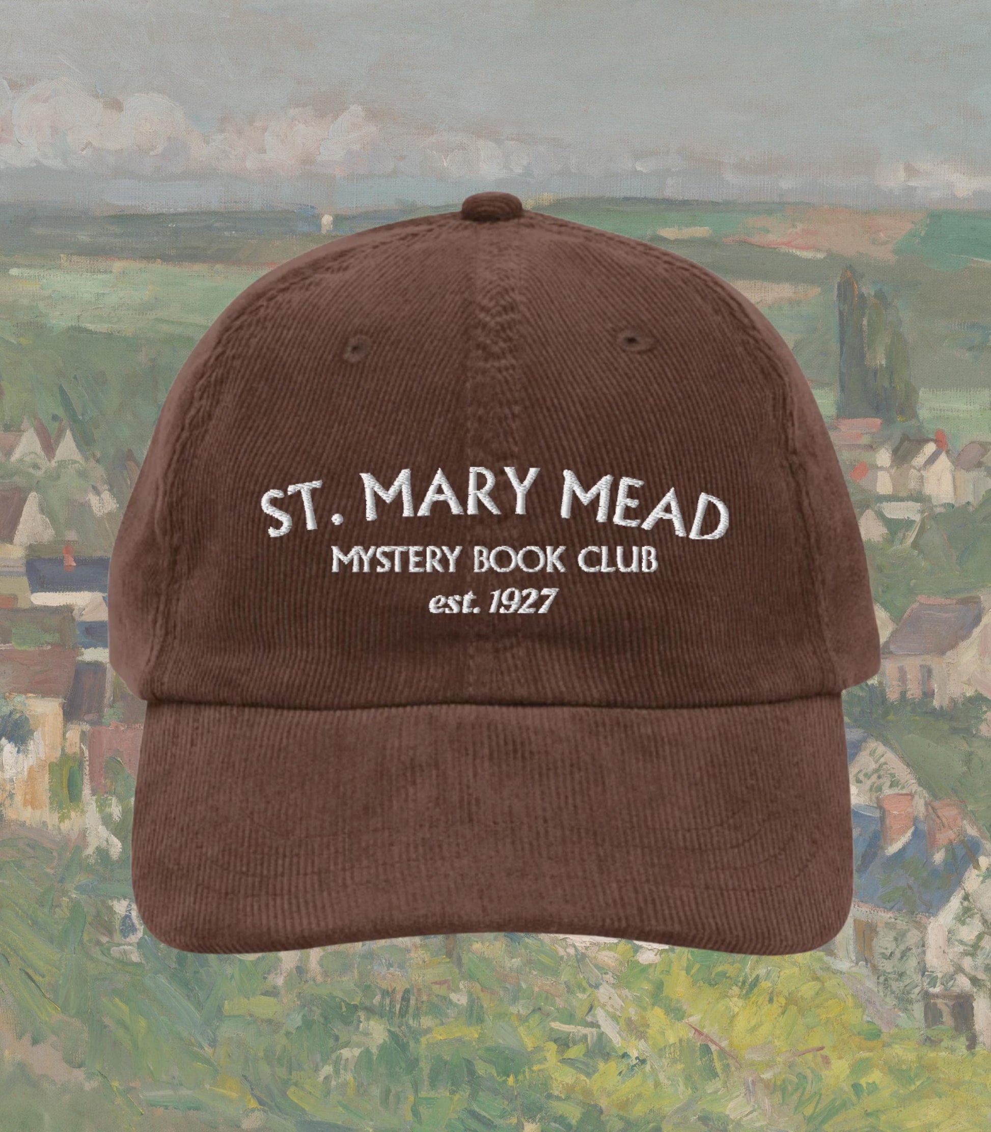 St Mary Mead Agatha Christie Marple British Classic Cozy True Crime Murder Mystery Book Club Short Stories Embroidered Corduroy Hat Bookish