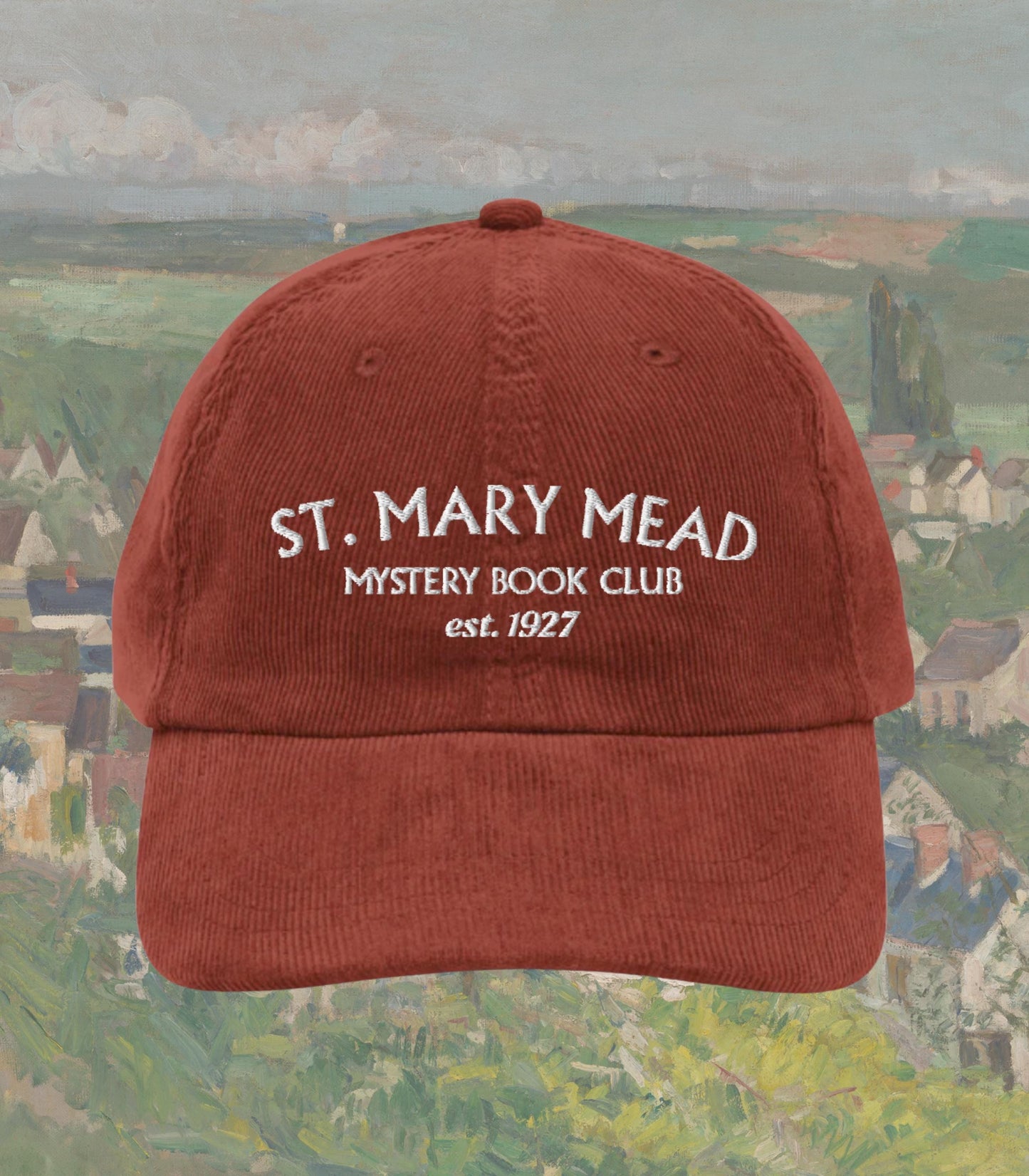 St Mary Mead Agatha Christie Marple British Classic Cozy True Crime Murder Mystery Book Club Short Stories Embroidered Corduroy Hat Bookish