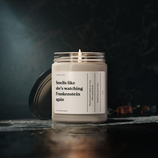 Smells like she's watching Frankenstein again vegan soy candle Mary Shelley Classic Gothic Horror Dark Romance Subtle Bookish Christmas 2025